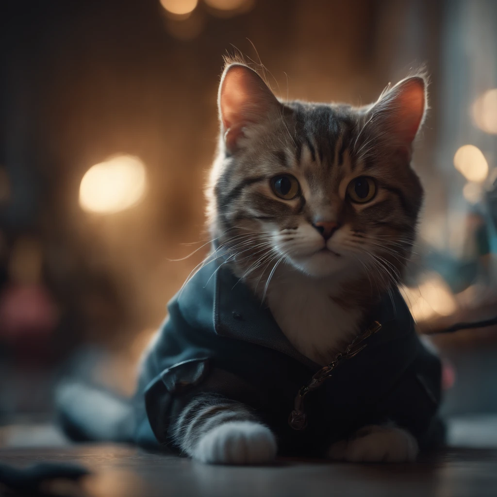 ((Best quality, 8K, Masterpiece: 1.4)),((Amazing detail: 1.3)),((illustration, Hairstyle Casual: 1.2)),((high resolution: 1.1)), A cute cat standing, headset on head, Tactical coat, Fashionab, Soft light, Colorful, Depth of field, Cinematic lighting, From below, Anatomically correct, Amazing art of painting, No Man