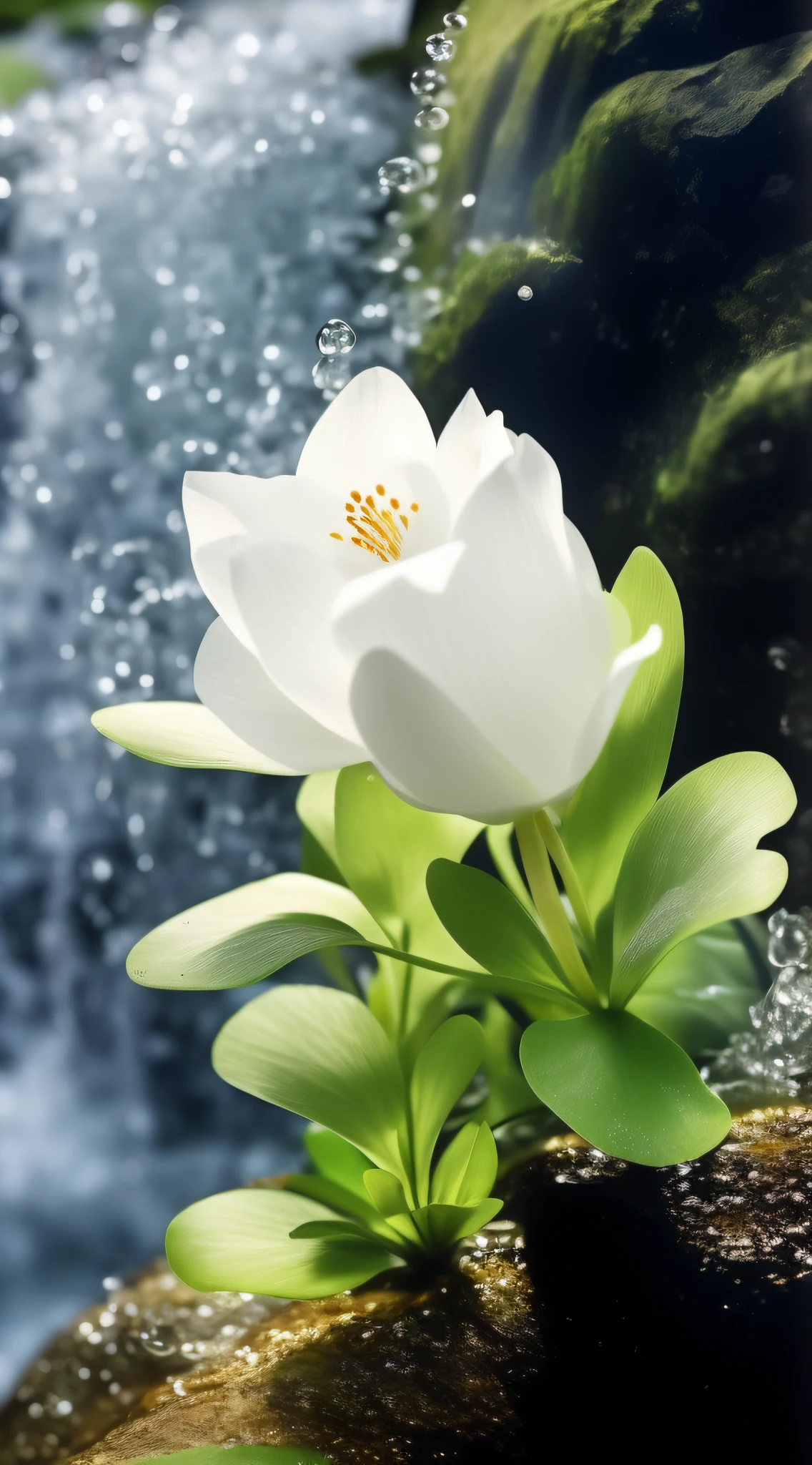 There is a white flower growing out of the rock, flor branca, spirited water plants, beautiful  flowers, depicting a flower, wallpaper - 1 0 2 4, stella alpina flower, White petals, surreal waiizi flowers, White flowers, ikebana white flowers, Tranquil Mood, natural point rose', reflecting flower, very peaceful mood, beautifully bright white