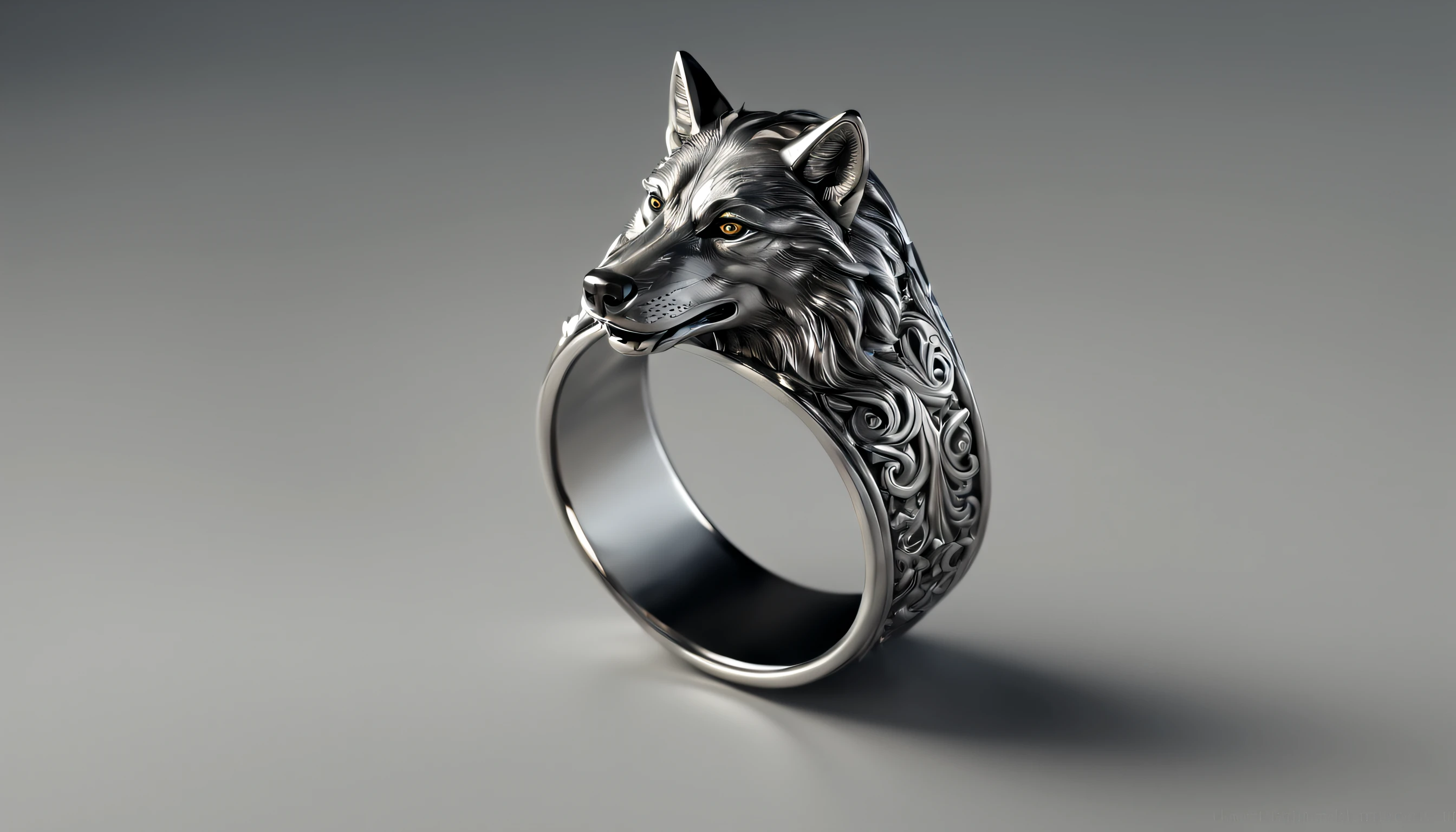 a close-up of a metal ring with a wolf, highly detailed rendering, crown rendering, metal ring, shiny surface, engraved pattern, silver color, reflective, high resolution, detailed and delicate craftsmanship, jewelry, high detail cinema 4 d, cinema4d rendering, highly detailed perfect rendering, hyper-realistic detailed rendering, intricate details, smooth texture,