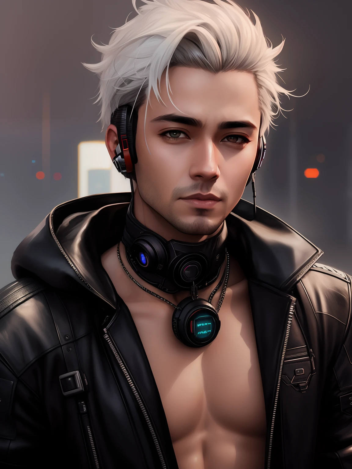 arafed man with a leather jacket and headphones on, hyper-realistic cyberpunk style, portrait of a cyberpunk man, artstation mans aesthetic, cyberpunk dude, cyberpunk style , hyperrealistic, ross tran style, in cyberpunk style, artwork in the style of guweiz, anton fadeev 8 k, cyber punk setting, ross tran 8 k, cyberpunk character