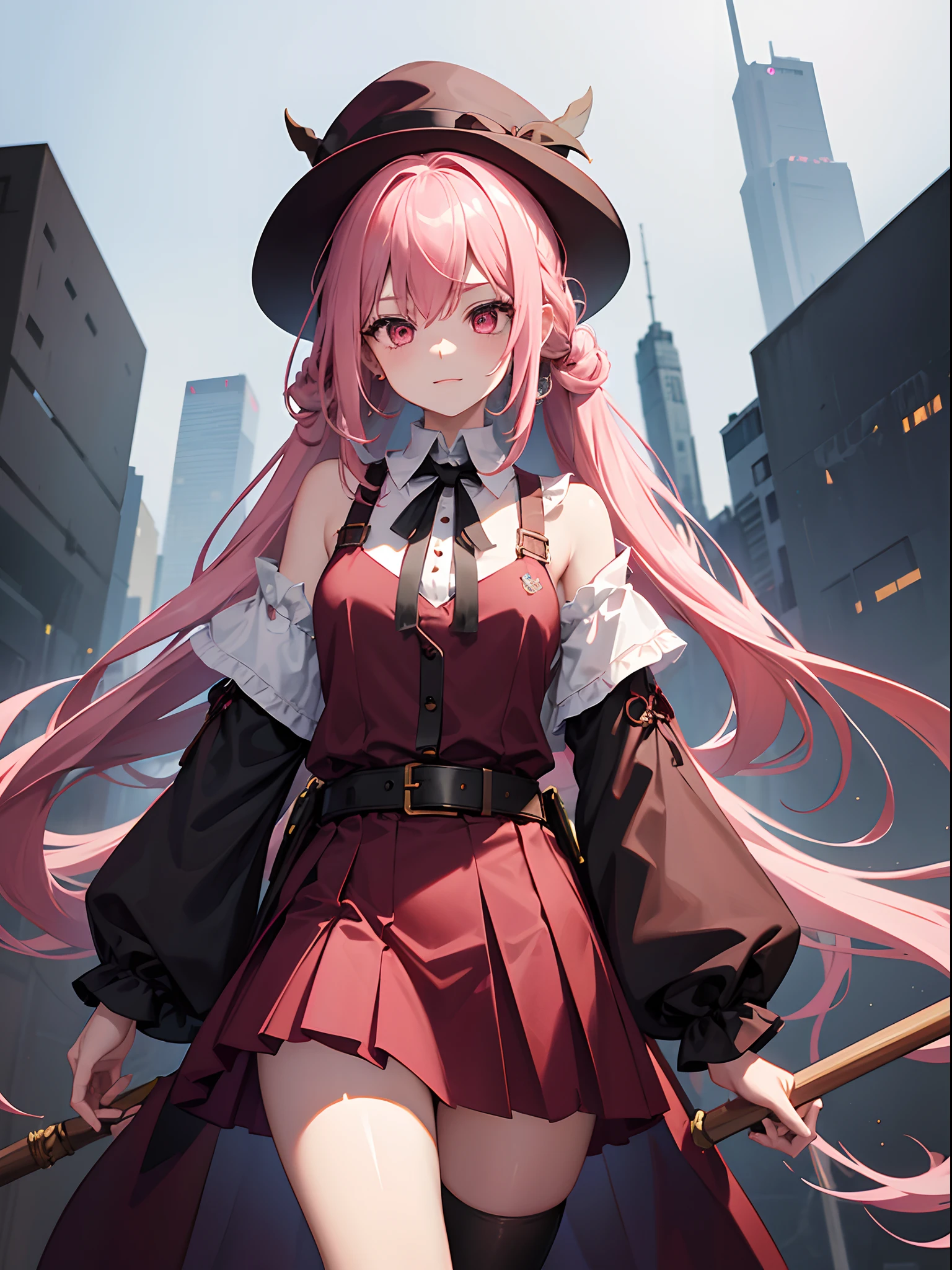 1 girl, long pink hair in a messy braided ponytail draped over one shoulder, crimson eyes, creepy mischievous grin, wearing a medium brown magician hat, slightly un-tucked three-quarter sleeve collared white shirt with an unbuttoned medium brown vest over it, skirt, thigh high stockings, holding wooden staff with a ruby embedded at the top, fantasy city, high res, ultra sharp, 8k, masterpiece, looking at viewer