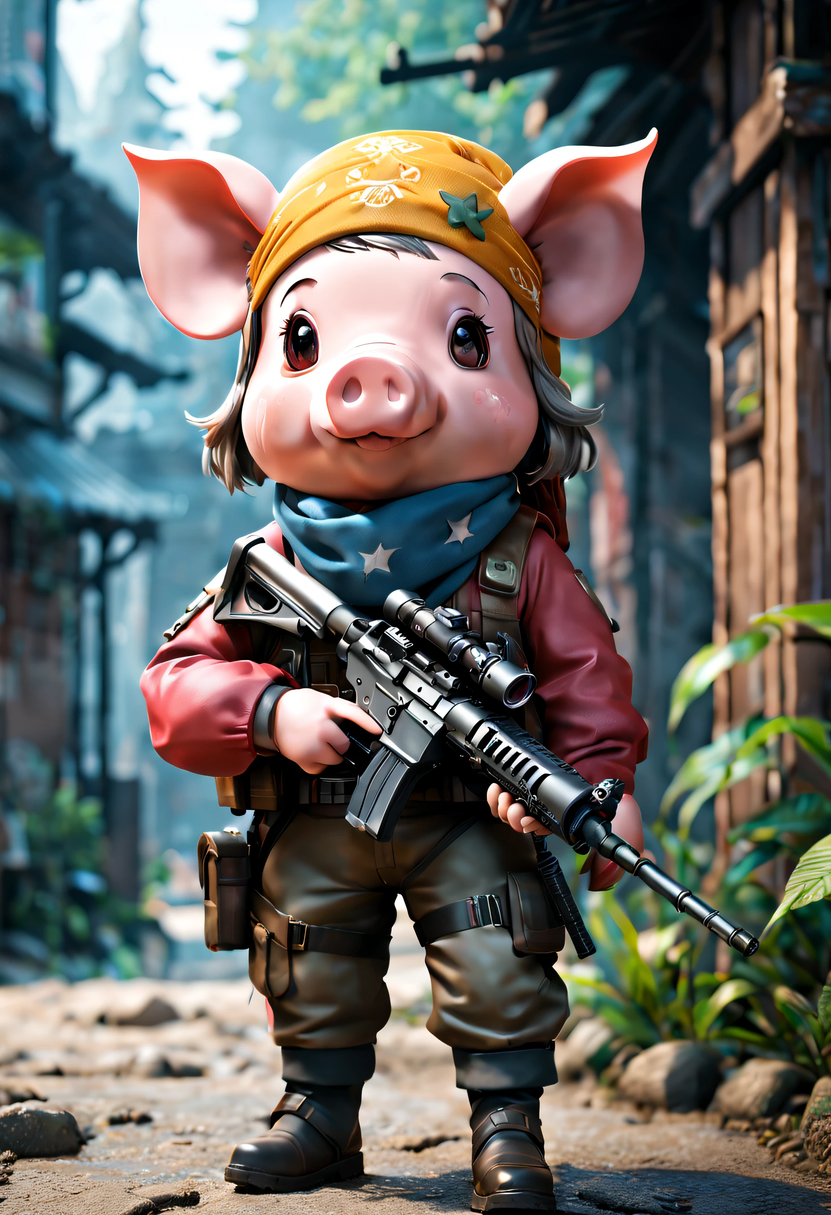 full bodyesbian、Cool pig、Pop pig、diorama、symple background、White background、bandana、Holding a Vapor rifle in your hands、masterpiece, Best Quality, Capture super cute moments, depth of fields, ultra-detailliert, Ultra High Resolution, Octadale, 8K, 16 K