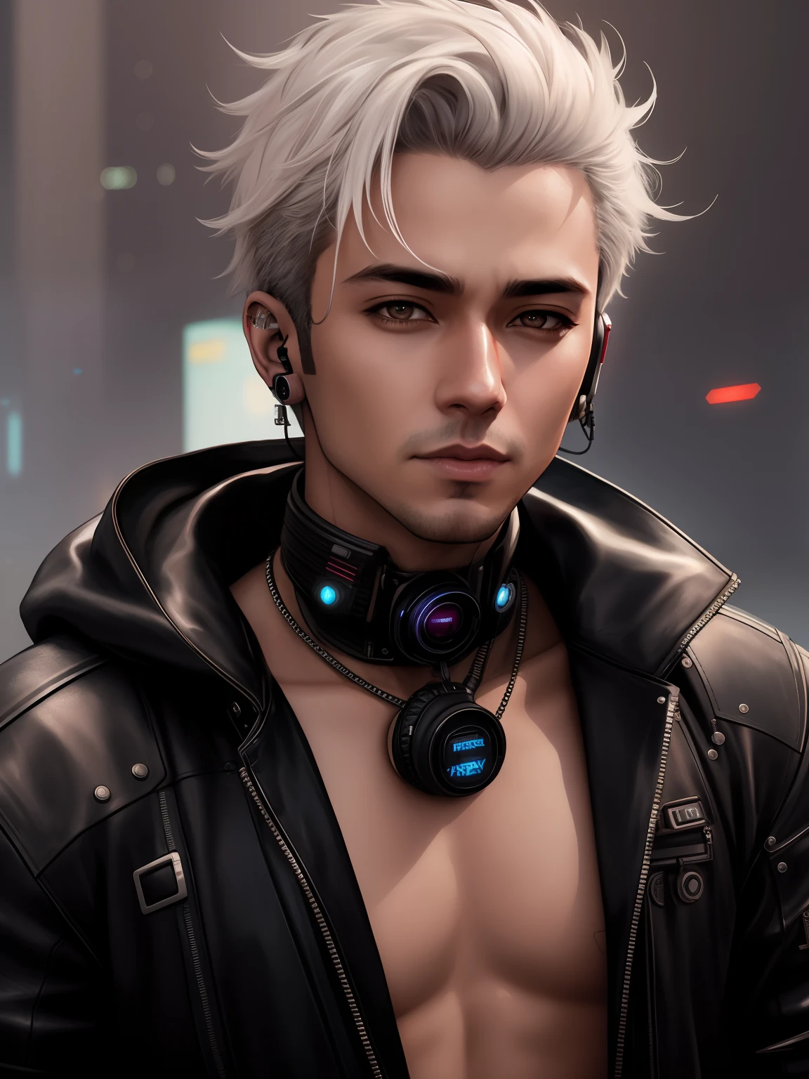 arafed man with a leather jacket and headphones on, hyper-realistic cyberpunk style, portrait of a cyberpunk man, artstation mans aesthetic, cyberpunk dude, cyberpunk style , hyperrealistic, ross tran style, in cyberpunk style, artwork in the style of guweiz, anton fadeev 8 k, cyber punk setting, ross tran 8 k, cyberpunk character