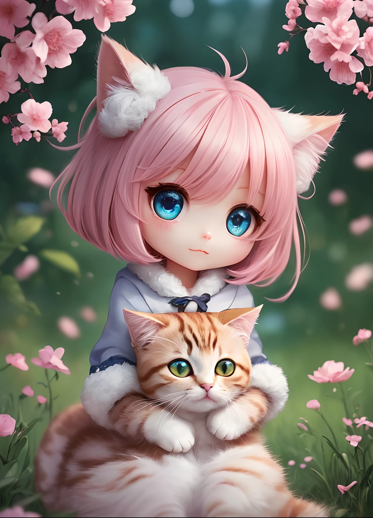 Cat Motif Girl、fluffly、tender((top-quality))、((masterpiece))、(Extreme Details、highestdetailed、Official Art、Beautifully Aesthetic:1.2)、depth of fields、composition、full bodyesbian、(Chibi)、(beautifully detailed eyes:1.3)、(Very happy:1) 、(Pink hair)、(fluffly) --auto --s2