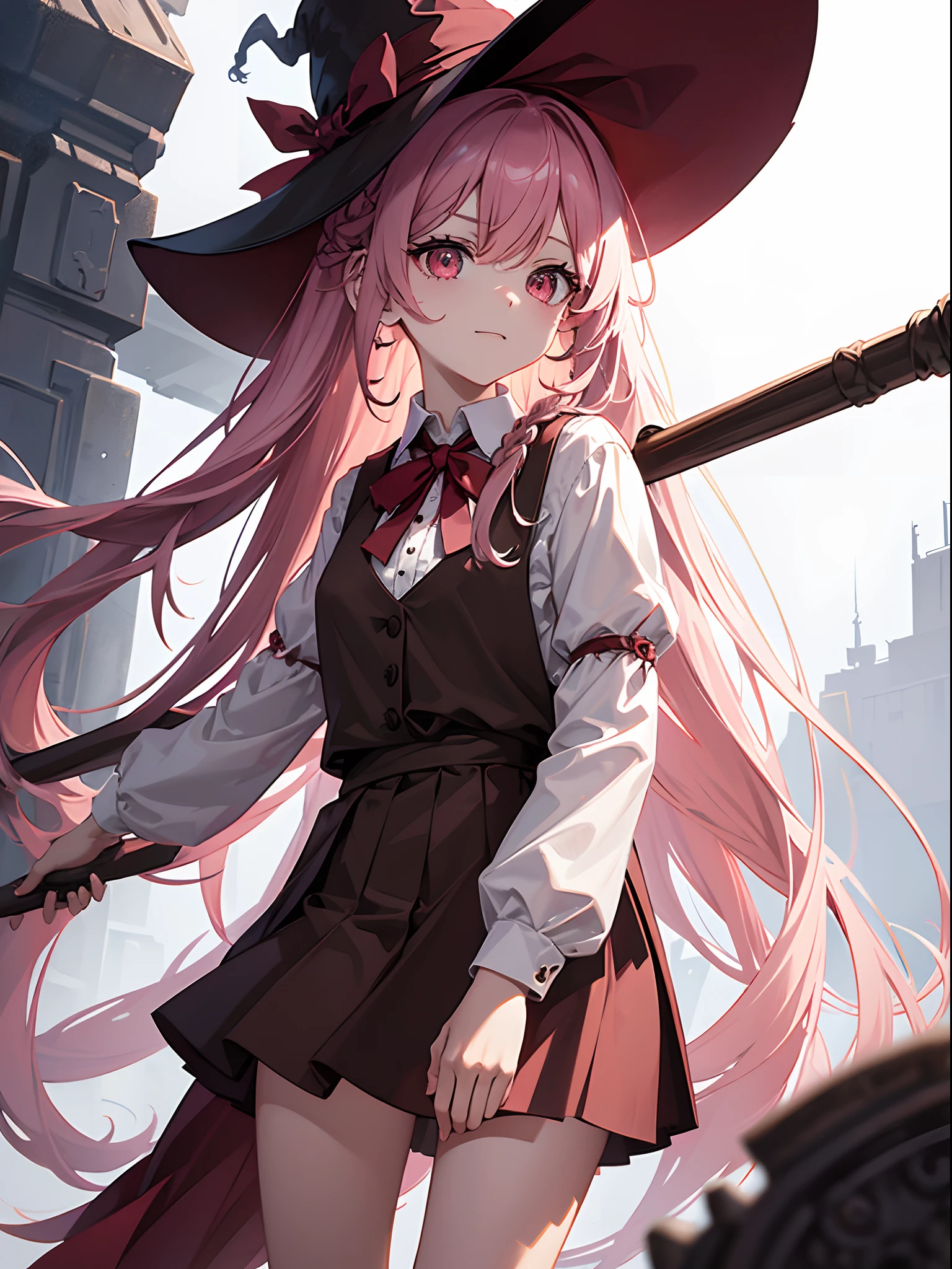 1 girl, long pink hair in a messy braided ponytail draped over one shoulder, crimson eyes, creepy mischievous grin, wearing a medium brown magician hat, slightly un-tucked three-quarter sleeve collared white shirt with an unbuttoned medium brown vest over it, skirt, thigh high stockings, holding wooden staff with a ruby embedded at the top, fantasy city, high res, ultra sharp, 8k, masterpiece, looking at viewer