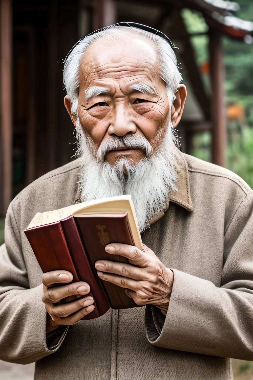 An old man with traditional Chinese thinking,Real frontal photos,Authentic background,The background is nature,holding books,worn-out clothing,Face full of wrinkles,80-year-old man,Wise eyes,The beard is white,male people,country style