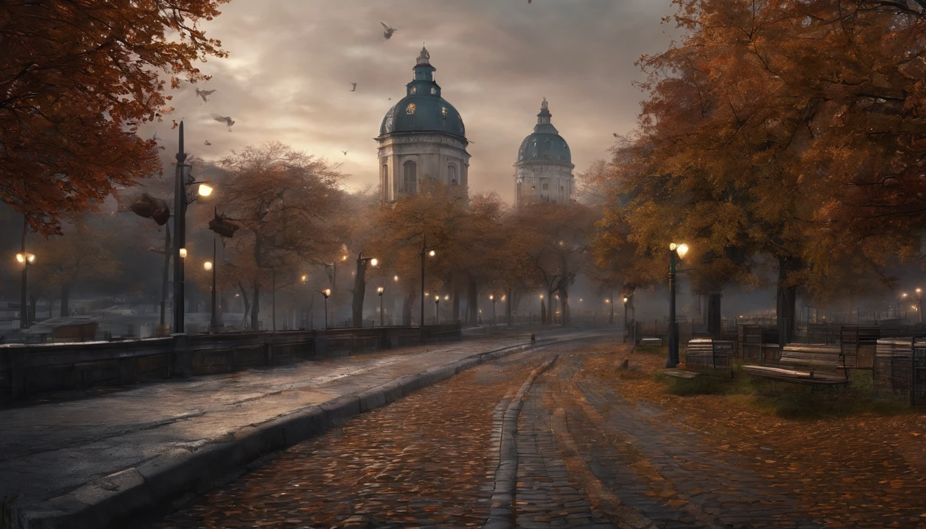 Gloomy autumn evening, Sateen, urban environment, The lanterns barely shine because of the haze, photo realism, 8k, raw, hdr