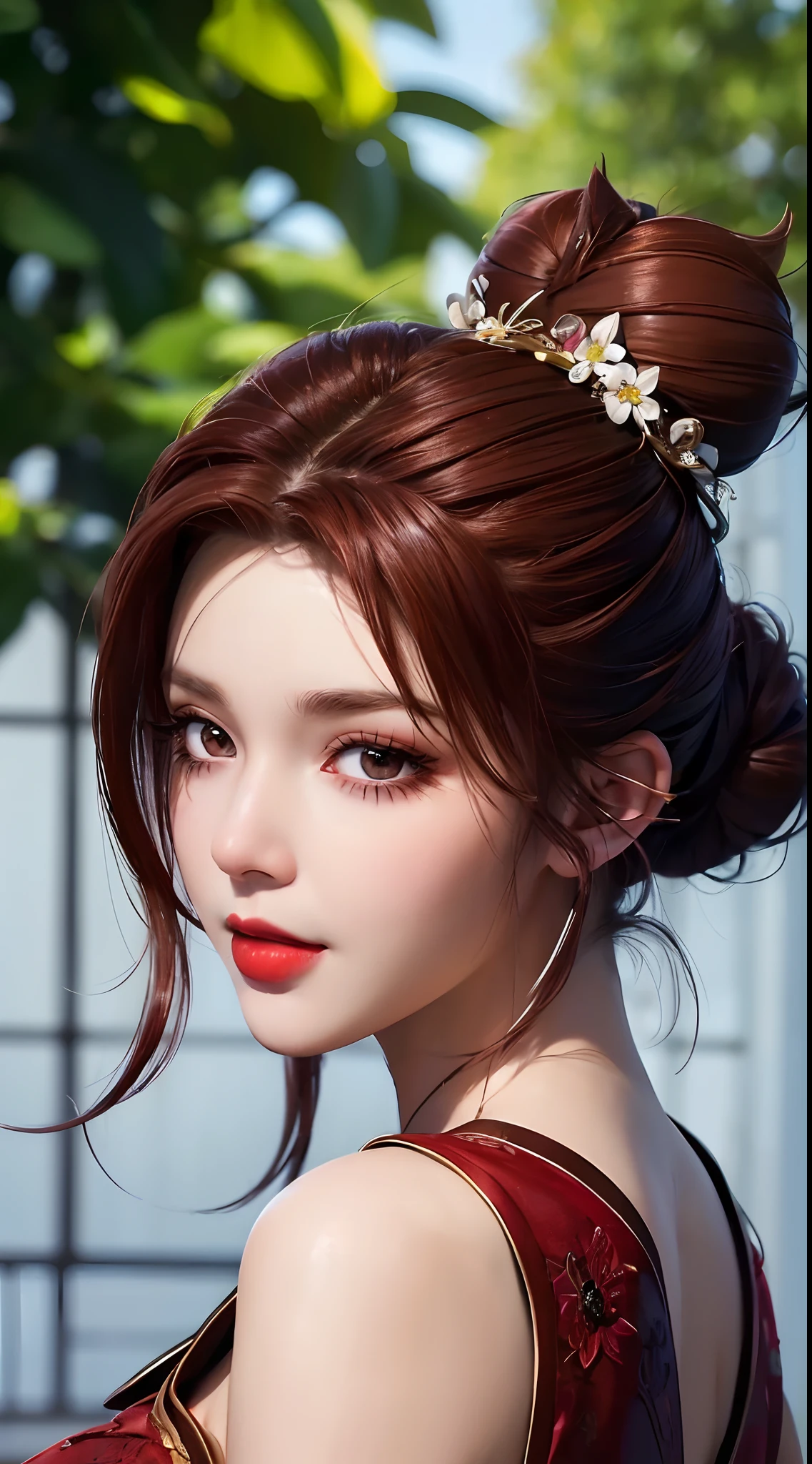 1 beautiful and sexy 20 year old girl,((Red brown hair:1.6)), ((hair bun on both sides:1.6))(hyperrealistic) , (illustration), (increase resolution), (8K), (extremely detailed), (best illustration), (beautiful detailed eyes), (best quality), (super detailed), (masterpiece), ( wallpaper), (detailed face), solo, a pretty girl in white off-the-shoulder wedding dress, garden background, movie lighting effects, backlight, light smile, blue eyes, fluttering short hair, flower headdress, looking at the audience, exquisite details, detailed face, in the dark, deep shadow, understated, pureerosfaceace_v1, smile, long hair, 46 points slanted bangs