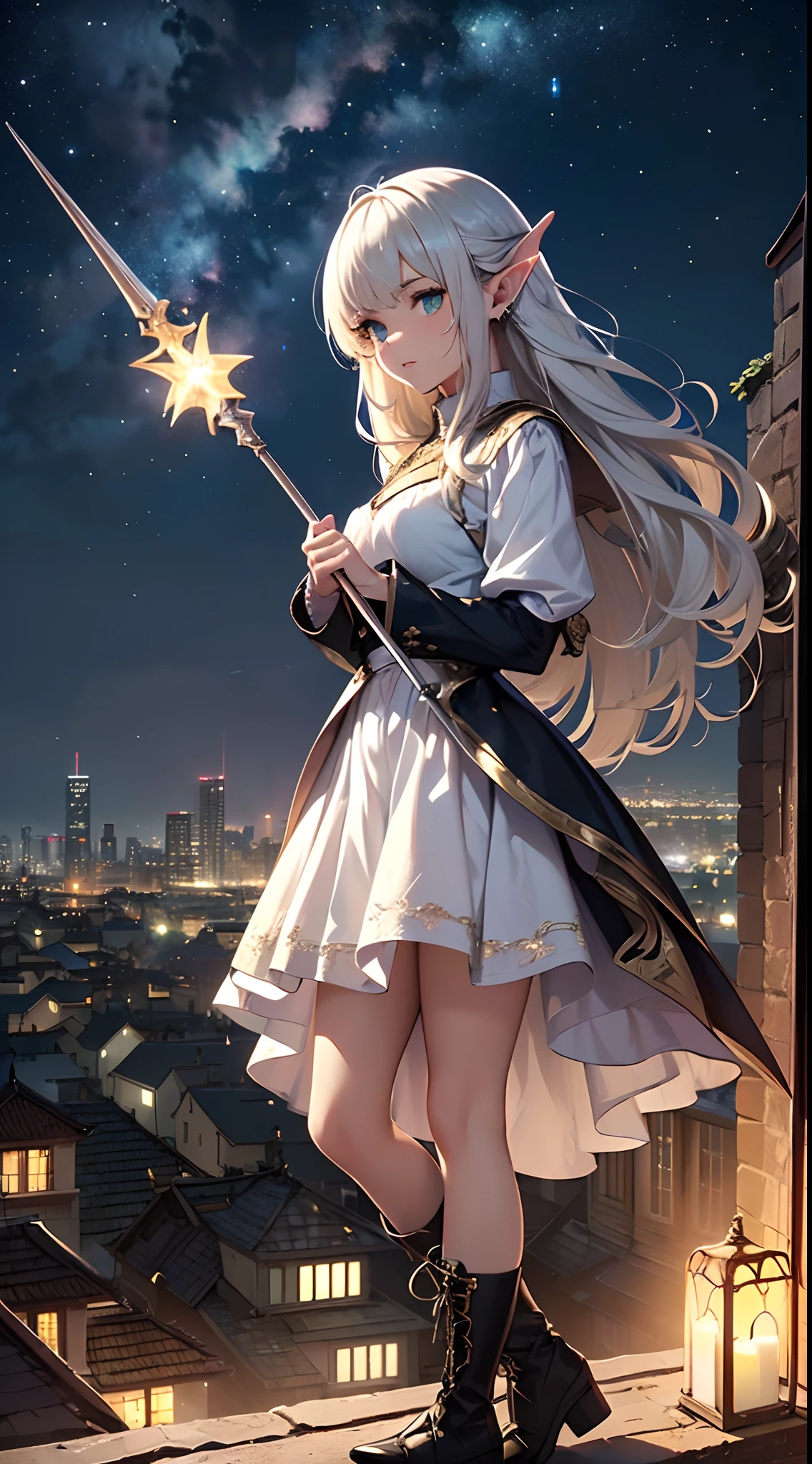 (Official art、Best Quality、Unity 8k Wallpapers、32K、​masterpiece、ultra-detailliert、超A high resolution、realisitic、Photorealsitic:1.2)、(Cinematic lighting:1.2)、Fireglow effect、film grains、Best Shadows、Rim lighting、side lights、sideshot、(Ultra-detailed and complex 3D rendering)、Detailed beautiful face and eyes、Sharp pupils、Realistic pupils、A slender、１Man Woman、Medium bust、(Full body:1.2)、 beauitful face、16-year-old beautiful girl、(super detailed skin、detailed skin textures:1.3)、(platinum-blonde、Silver hair:1.3)、waved hair、Blunt bangs、green colored eyes、elf-ears、magical girl costume、A slender、white  shirt、Costumes with frills、frills skirt、knee sox、(thighs thighs thighs thighs:0.8)、Black boots、(Fantastic and beautiful night sky、Medieval city at night、On the roof:1.2)、(Human soul in the night sky、Fantastical:1.3)、(carrying a magical staff:1.3)、(Looking away、overlooking a city:1.3)、Fantastical、Gentle smile、I opened my mouth a little、
