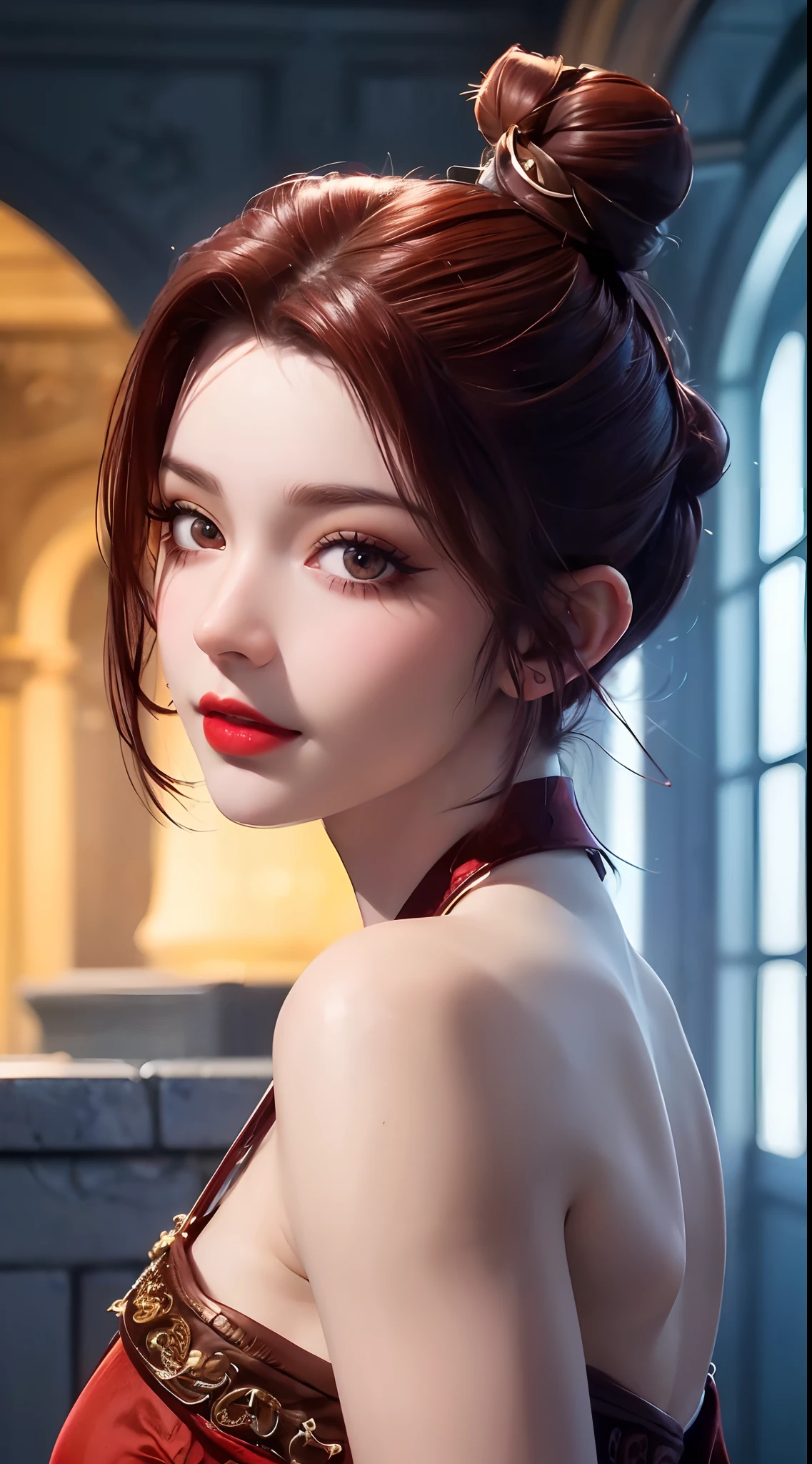 1 beautiful and sexy 20 year old girl,((Red brown hair:1.6)), ((hair bun on both sides:1.6))(hyperrealistic) , (illustration), (increase resolution), (8K), (extremely detailed), (best illustration), (beautiful detailed eyes), (best quality), (super detailed), (masterpiece), ( wallpaper), (detailed face), solo, a pretty girl in white off-the-shoulder wedding dress, garden background, movie lighting effects, backlight, light smile, blue eyes, fluttering short hair, flower headdress, looking at the audience, exquisite details, detailed face, in the dark, deep shadow, understated, pureerosfaceace_v1, smile, long hair, 46 points slanted bangs