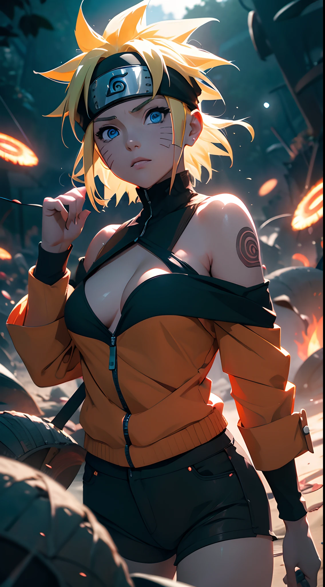 Naruto Uchiha Vortex is super realistic,detail-rich,Super short blonde hair,(Off-the-shoulder attire:1.3),Orange clothes,Forehead,one-girl,Large breasts,cleavage,Be red in the face,best qualityer,tmasterpiece, Johnny Depp walks across the beach at night among fireflies,sharp fokus, contrasty lighting, Delicate skin, High resolution 8K, insanely details, realisticlying, professional photoshooting, 8K UHD, SLR camera, softlighting, high high quality, filmgrain, Fujifilm XT3,Keep one's mouth shut,particle fx