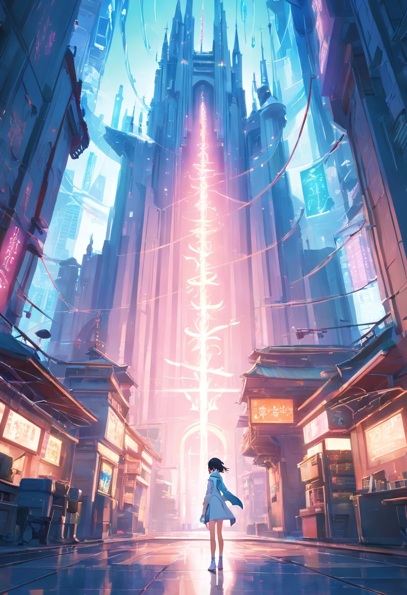 8K, Ultra HD, Background type, cyberpunk anime, white architecture, White Tower, fantasy, 。.3D, White cybernetics dragon in background, landscape