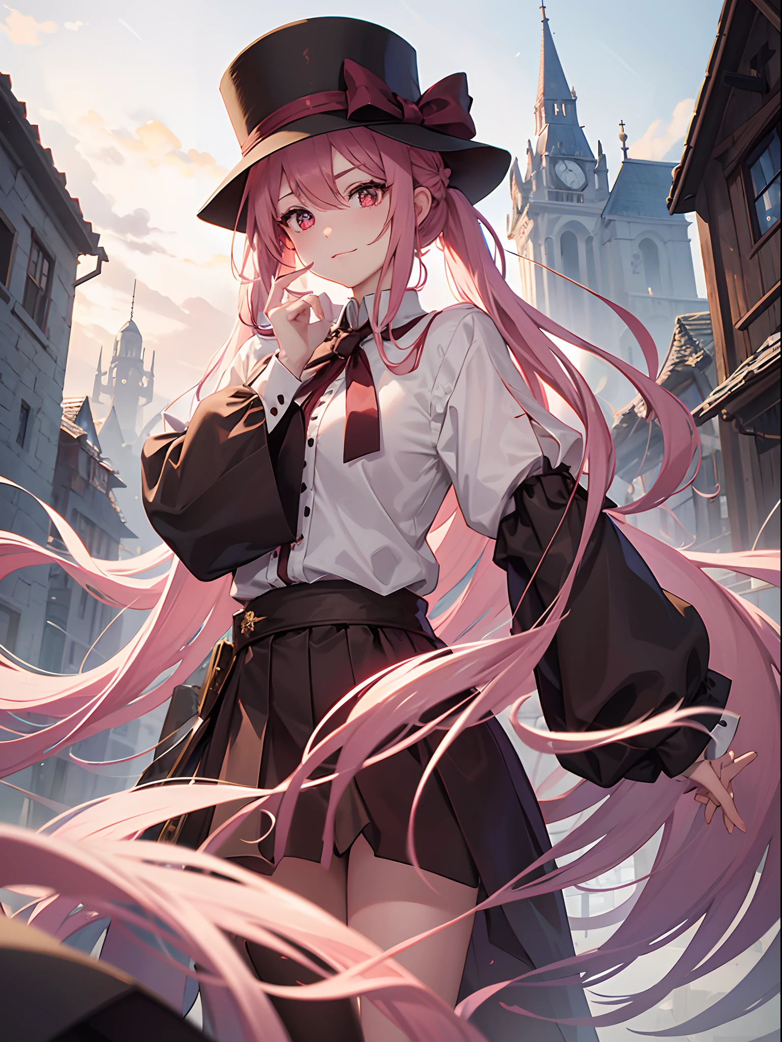 sharp focus, best quality, depth of field, cinematic lighting, detailed outfit, 4k, perfect eyes, rich in details and textures, cute, cute face, pink hair, long hair, small breasts, dark red eyes, hair between eyes, sidelocks, witch hat, black hat, black robe, hooded robe, hood down, white shirt, black skirt, collared shirt, long sleeves, pleated skirt, white stocking, outdoor, shirt, robe