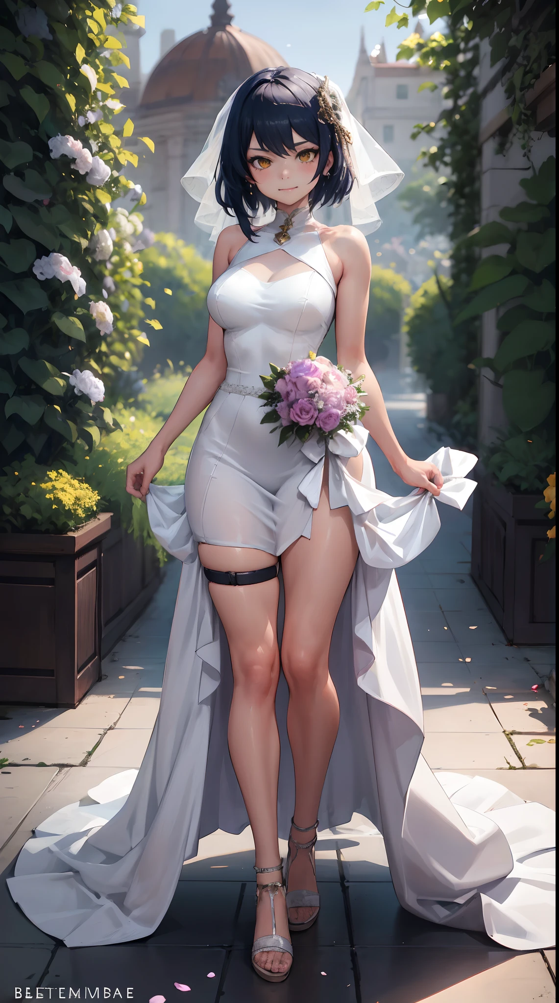 Kujou Sara | genshin impact, master-piece, bestquality, 1girls,25 years old, proportional body, proportional., Wedding Dresses, White Wedding Dress, Long skirt, wedding, ,bara, Standing in the middle of a flower garden, outdoor, wedding, The sky is beautiful, Both hands hold a bouquet of flowers.............................................................................., View viewers from the front., Thigh strap, Head tilt, bored, 10, 10, HD, slight smile,