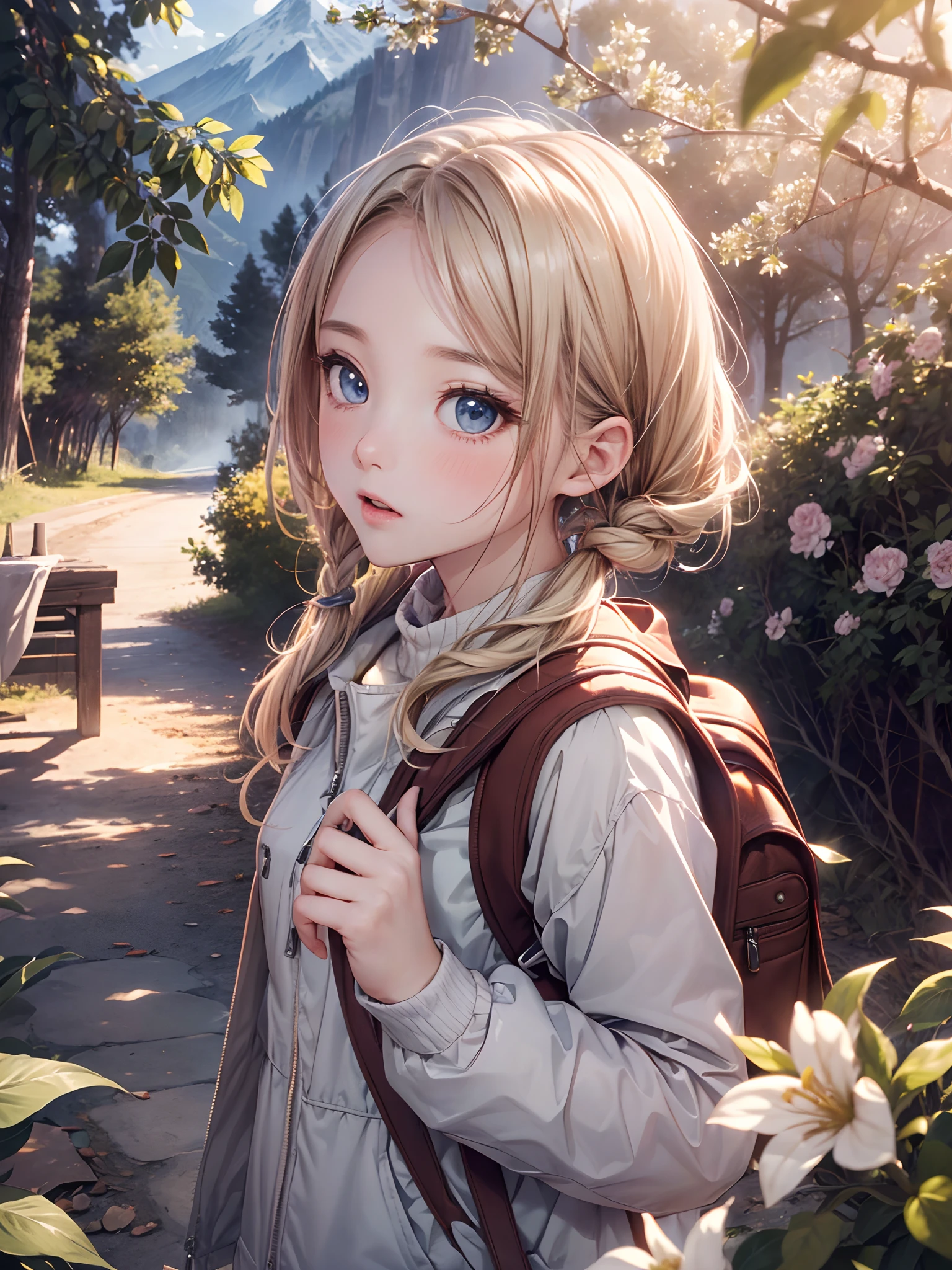 ​masterpiece、top-quality、8K,女の子1人、extremely beautiful detailed face and eyes, Short hair, Blonde hair with short twin tails, Shiny hair, Delicate beautiful face, red blush、(Deep Blue Eyes:1.12 , from the rear、rucksack、Light jacket、Daytime、the woods、The tree、lots of flower、cliff、Soto、sunlights、mountainous setting、Skysky、Warm lighting、surrealistic、细致背景、depth of fields、Rim lighting、Specular Highlights、bloom、Atmospheric lighting、Sunlight、