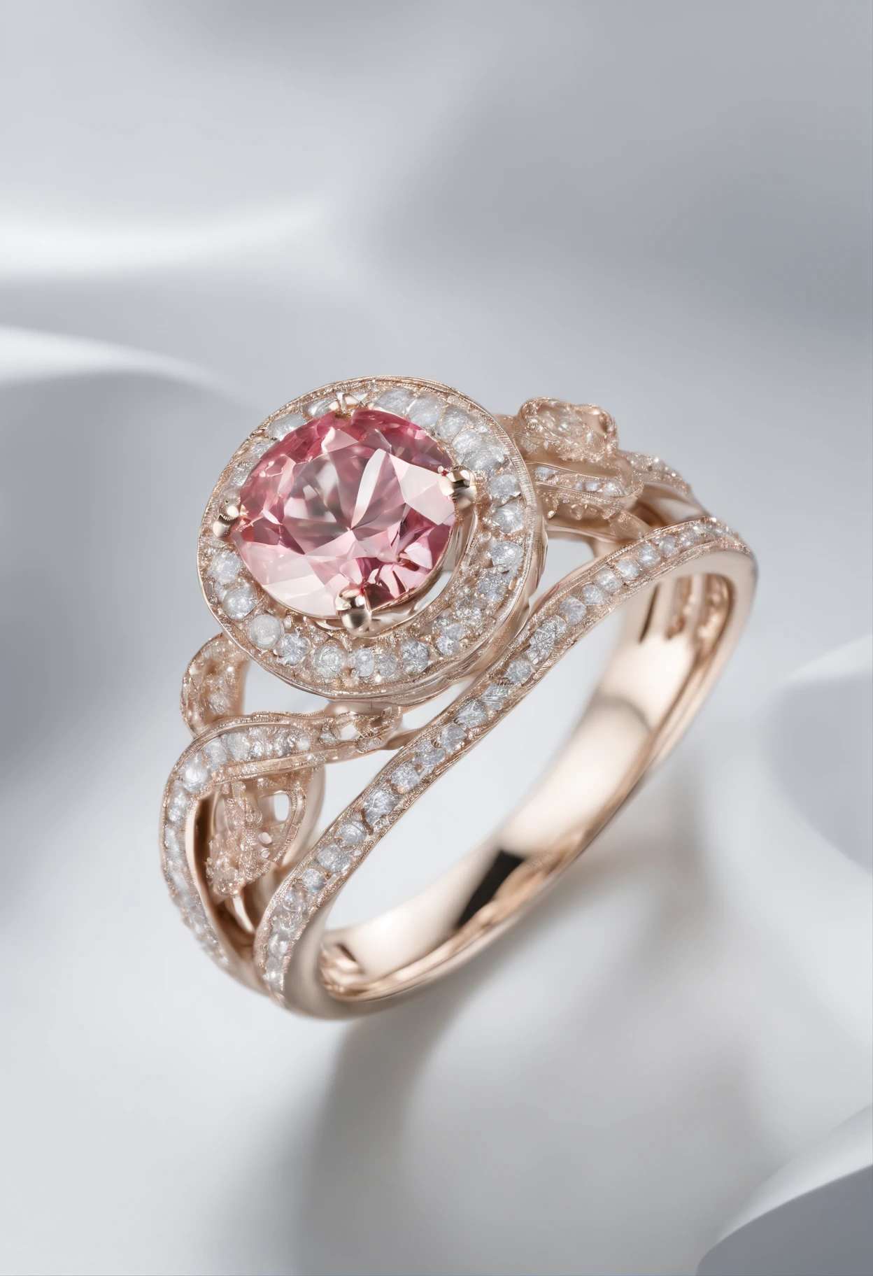Products photography of weeding ring, metal materials, white gold, beautiful pink diamond, masterpiece
