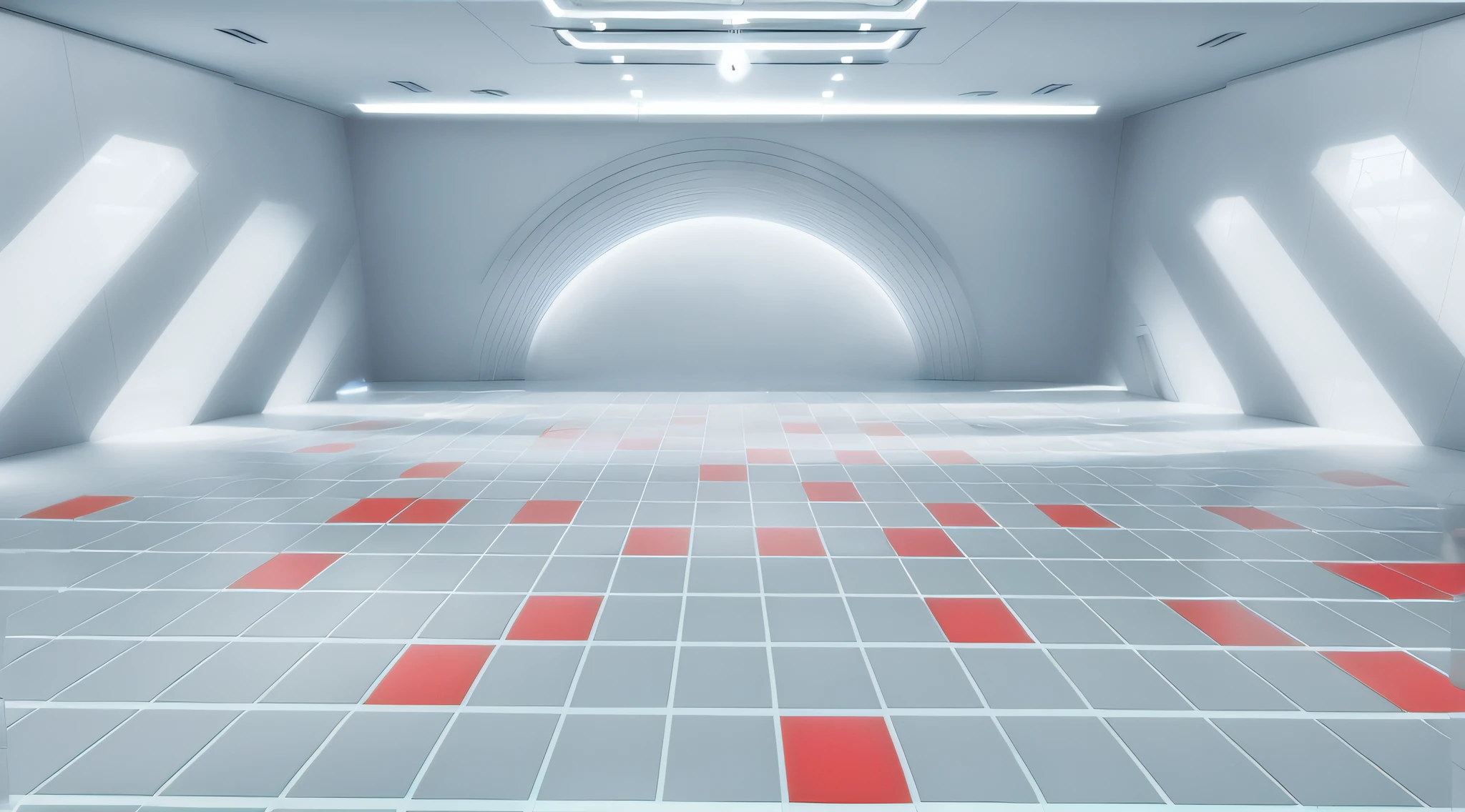 There was a room,There are red and white floors and white walls, futuristic hall, futuristic room background, tiled room squared waterway, Spaceship corridor background, Futuristic room, voluminetric lighting. Red, in futuristic laboratory room, volumetric lighting futuristic, Floor that radiates light,indoor liminal space, in style of 3d render, retrofuturist liminal space, alien room background, Virtual Engine, Movie lighting, A high resolution ,Best quality