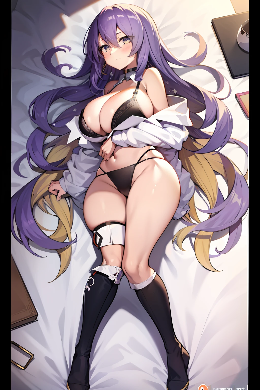 1girl, huge breasts, cleavage, huge ass,light-purple hair,long hair,lying down on bed,dakimakura fullbody view,black sport bra