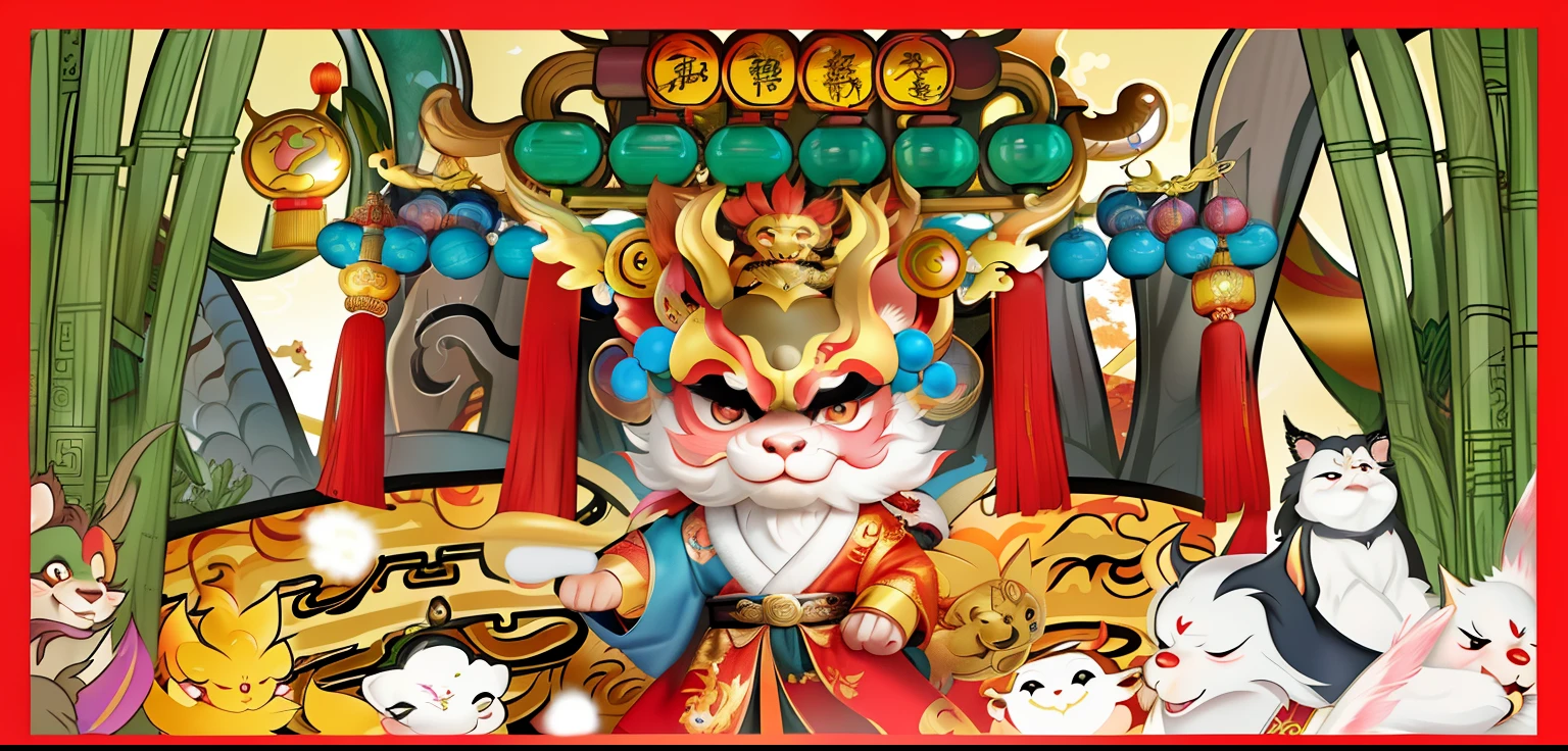 A cartoon of a Chinese dragon in Chinese costume and a group of animals, God of Wealth, Maple Island, asura from chinese myth, Taoist, Official artwork, Chinese mythology, japanese mascot, son goku, Monkey king, gta chinatowon art style, kitsune holding torch, Journey to the West. Pop art, full-colour illustration
