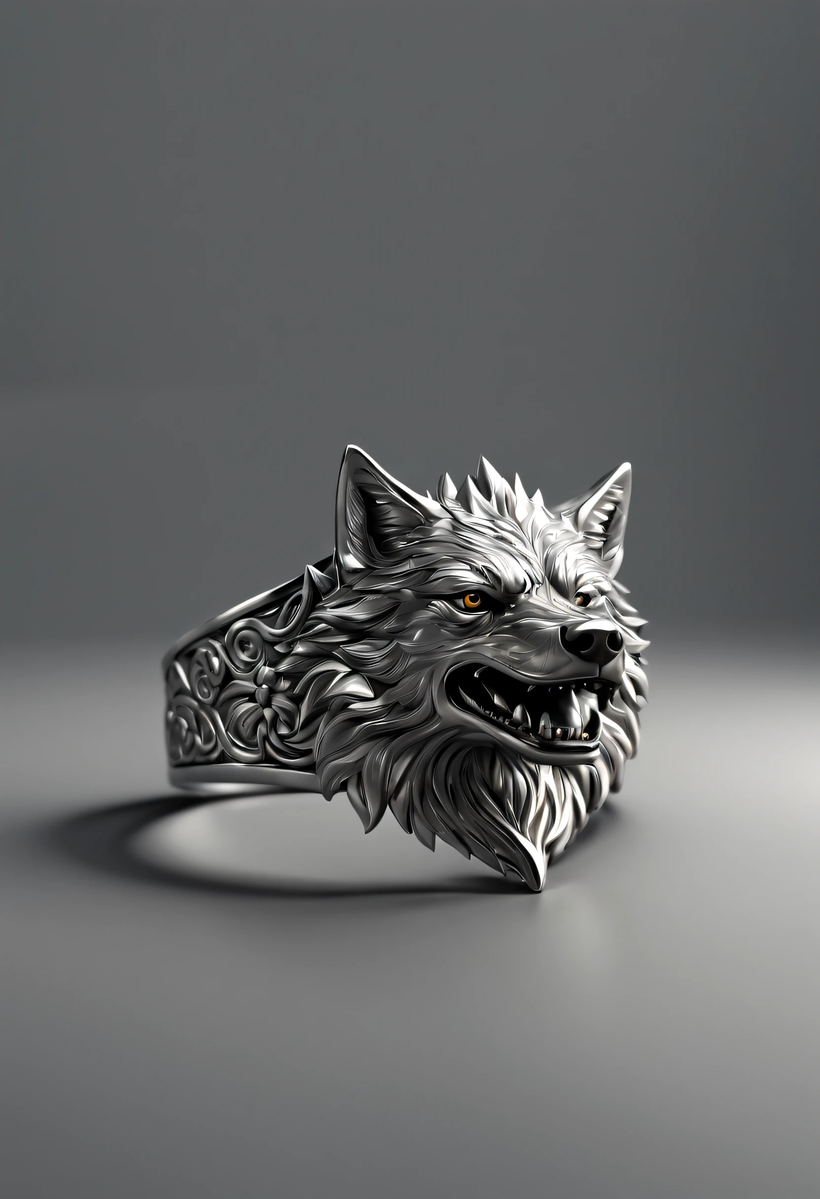 a close-up of a metal ring with a wolf, highly detailed rendering, crown rendering, metal ring, shiny surface, engraved pattern, silver color, reflective, high resolution, detailed and delicate craftsmanship, jewelry, high detail cinema 4 d, cinema4d rendering, highly detailed perfect rendering, hyper-realistic detailed rendering, intricate details, smooth texture,