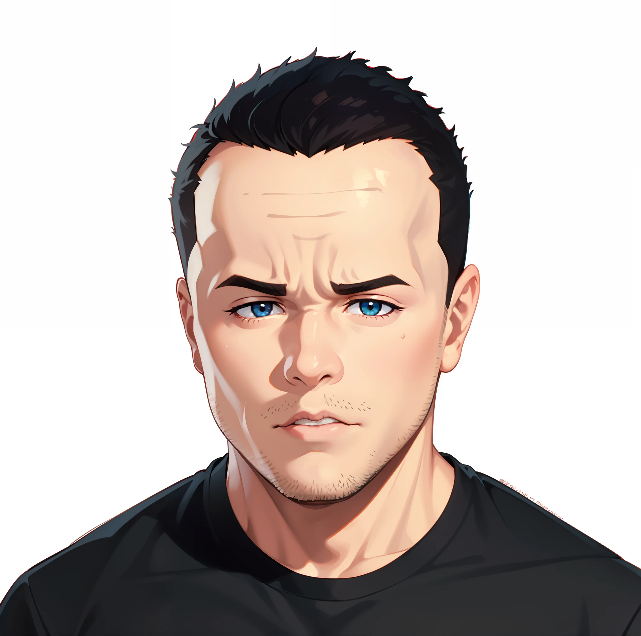 (best quality,Altas:1.2),ultra-detalhado,Realistic:1.37,A tired nervous-looking chubby man with a mohawk looking at us. Anime Fine line art dos anos 2020,retrato,Manga style,olhos expressivos,detalhes finos e linhas intrincadas,sombreamento suave,texturas sutis,cores vibrantes,Focused lighting,vibe de quadrinhos,Cores HDR