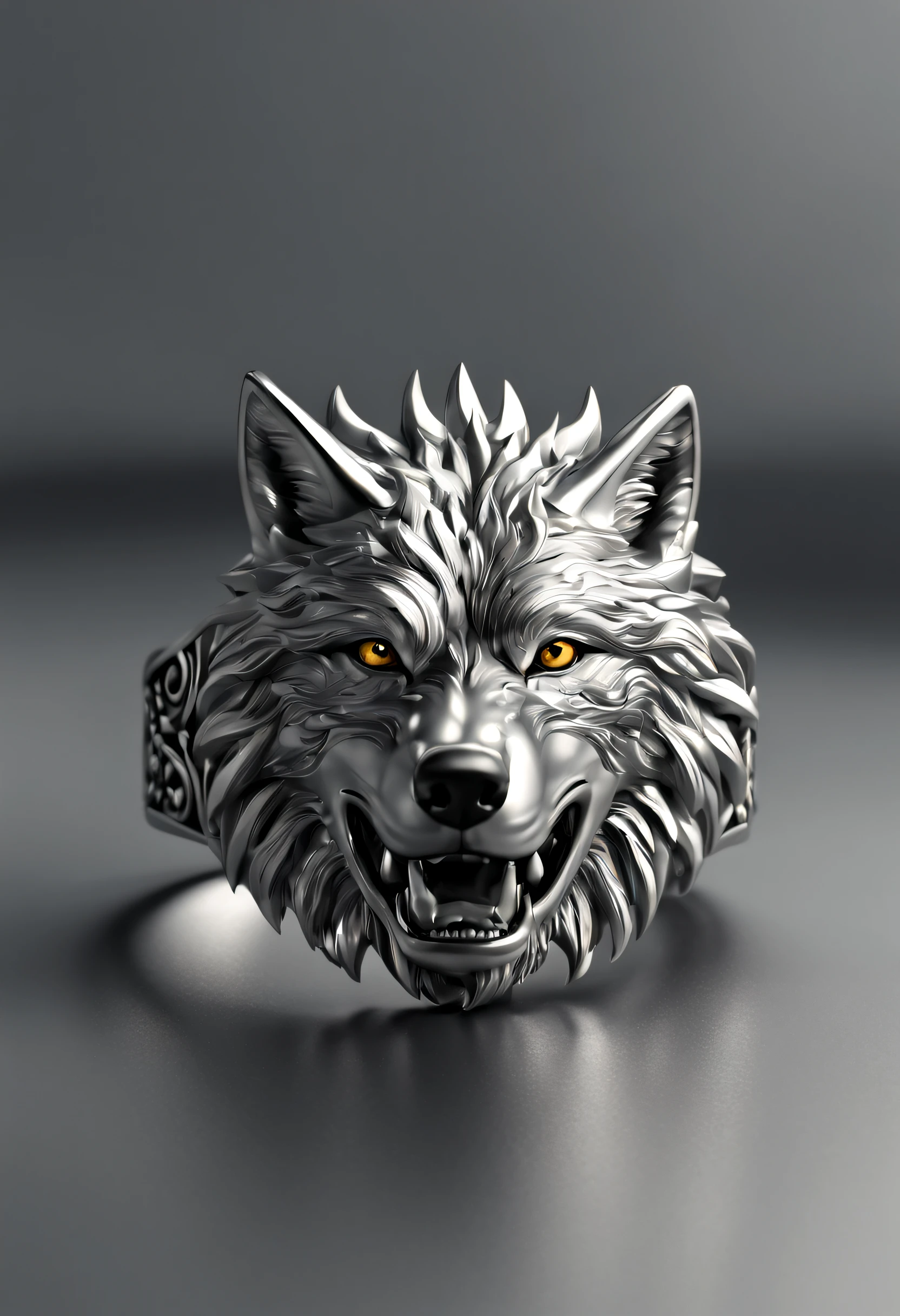 a close-up of a metal ring with a wolf, highly detailed rendering, crown rendering, metal ring, shiny surface, engraved pattern, silver color, reflective, high resolution, detailed and delicate craftsmanship, jewelry, high detail cinema 4 d, cinema4d rendering, highly detailed perfect rendering, hyper-realistic detailed rendering, intricate details, smooth texture,