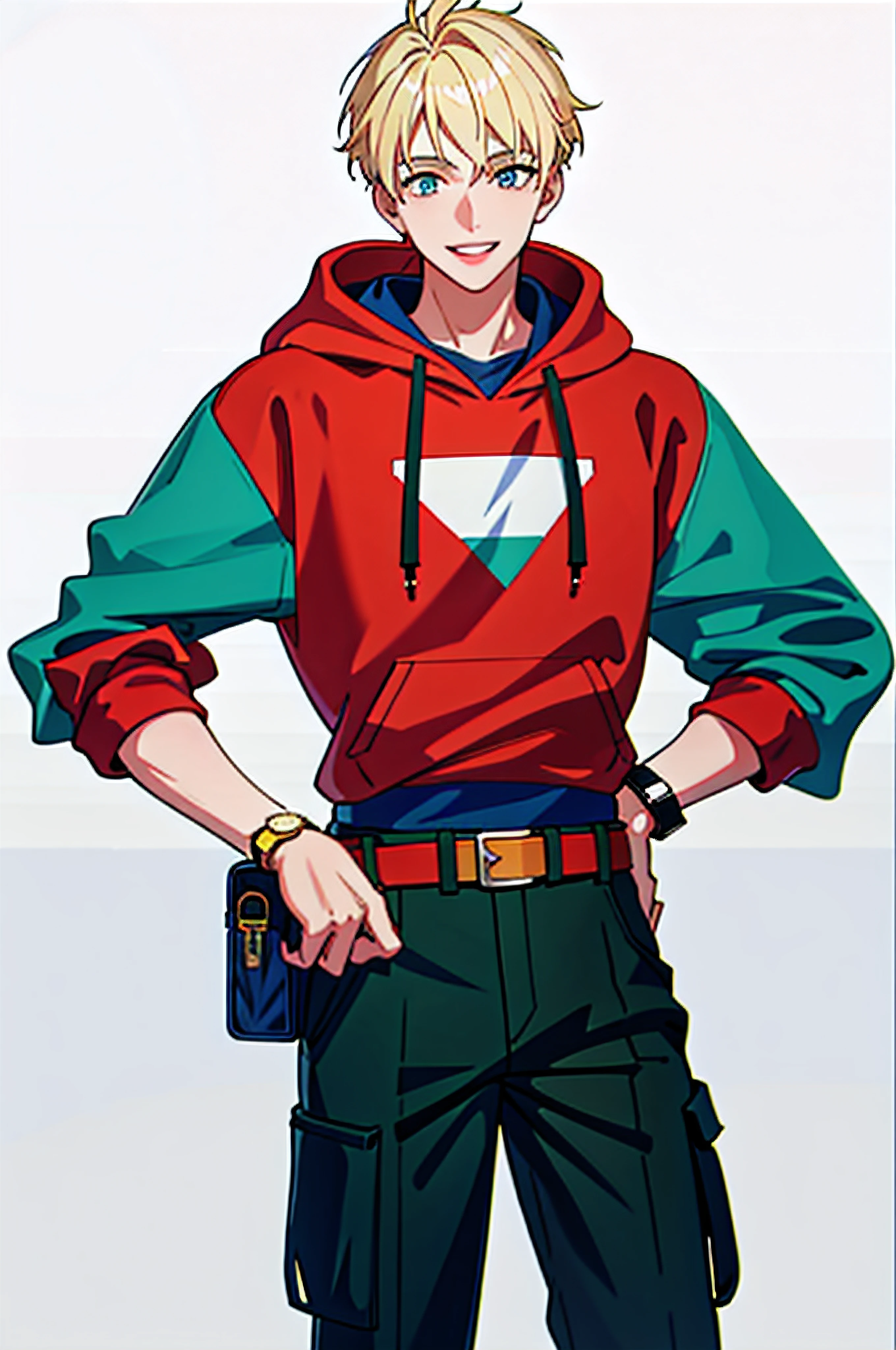1boy, 18 years old, Tall Boy, Blonde Hair, Standing Straight, Beautiful Face, Lips, Nose, Smiling With his Teeth, Beuatiful Cerulean Eyes, Wearing Red Hoody, Green Handkerchief, Cargo Pants, A Watch, A Belt, White Background, High Resolution, Best Quality, 8k, Ultrasharp, High Quality