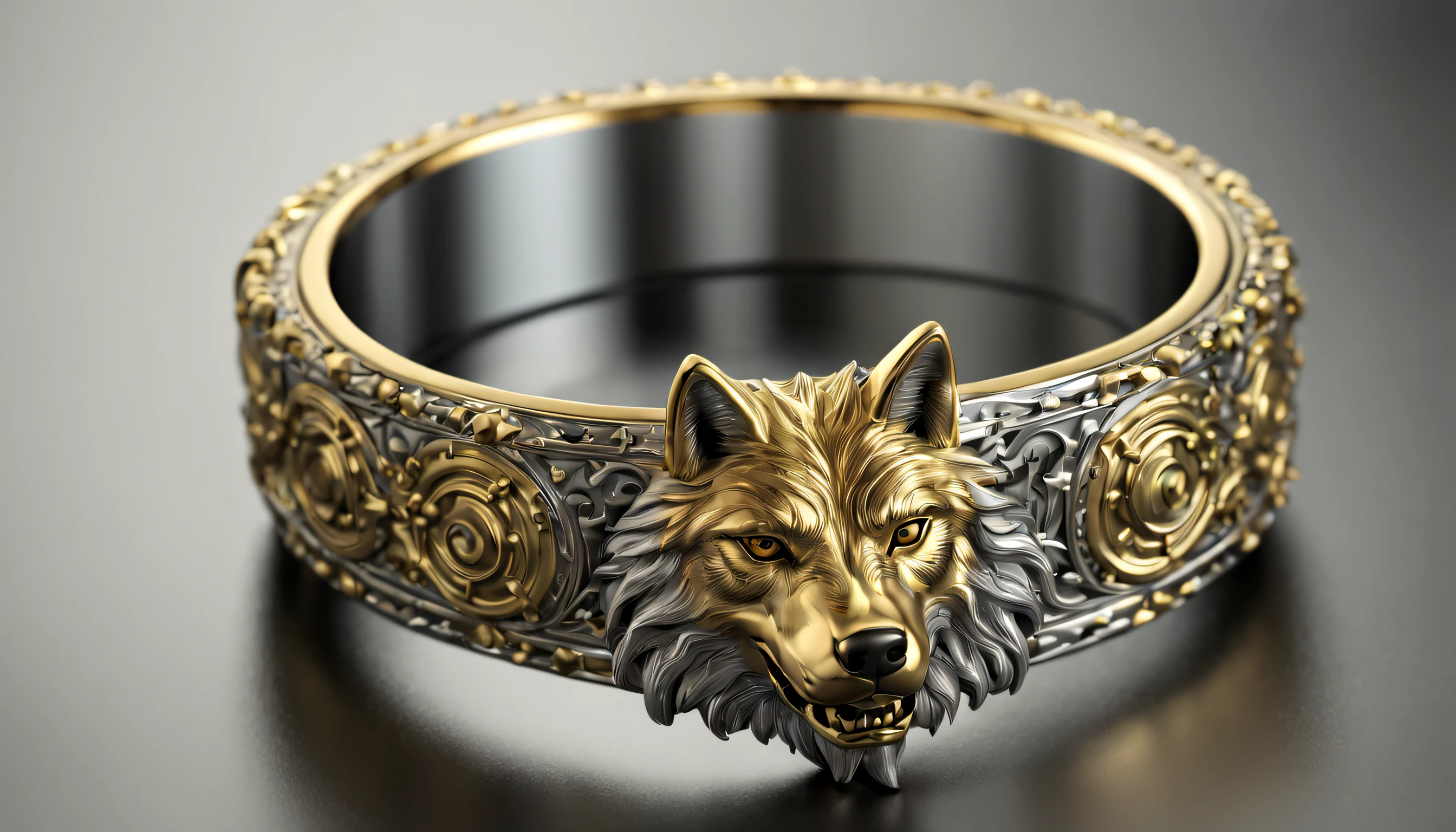 a close-up of a golden metal ring with a wolf, highly detailed rendering, crown rendering, metal ring, shiny surface, engraved pattern, silver color, reflective, high resolution, detailed and delicate craftsmanship, jewelry, high-detail cinema 4 d, cinema4d rendering, highly detailed perfect rendering, hyper realistic detailed rendering, intricate details, smooth texture,