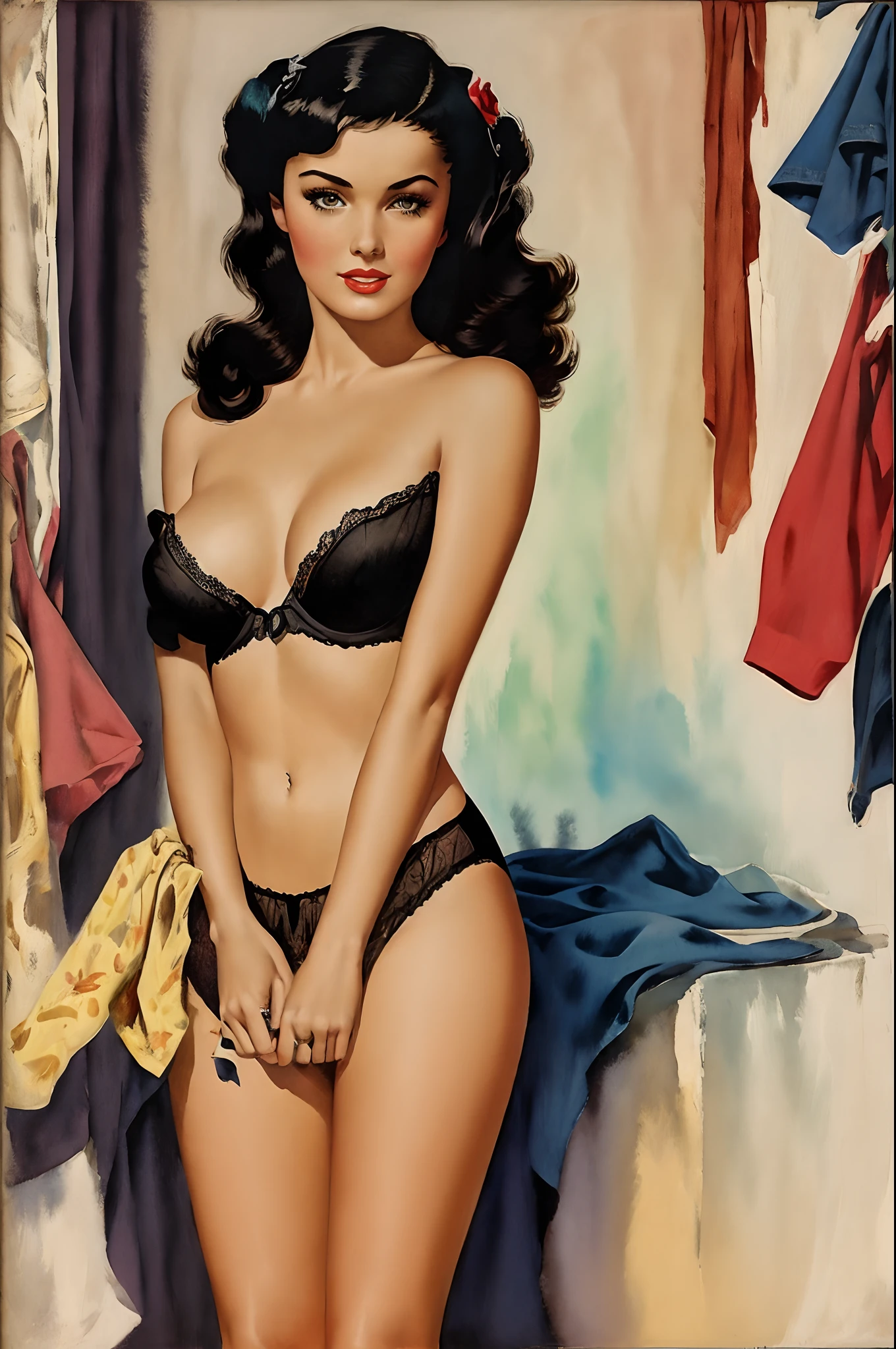 Gil Elvgren painting depicting watercolor vintage 1940s black hair girl caught changing in black lingerie, has uh-oh expression on face and standing in changing room art print, in the style of vintage-inspired pin-ups, black, gil elvgren, high-contrast shading, naturalistic proportions, use of fabric, large canvases, looking at viewer, uh-oh expression on face, pin up girl, vintage 1940s, no arguments, --ar 16:9 --v 5.2