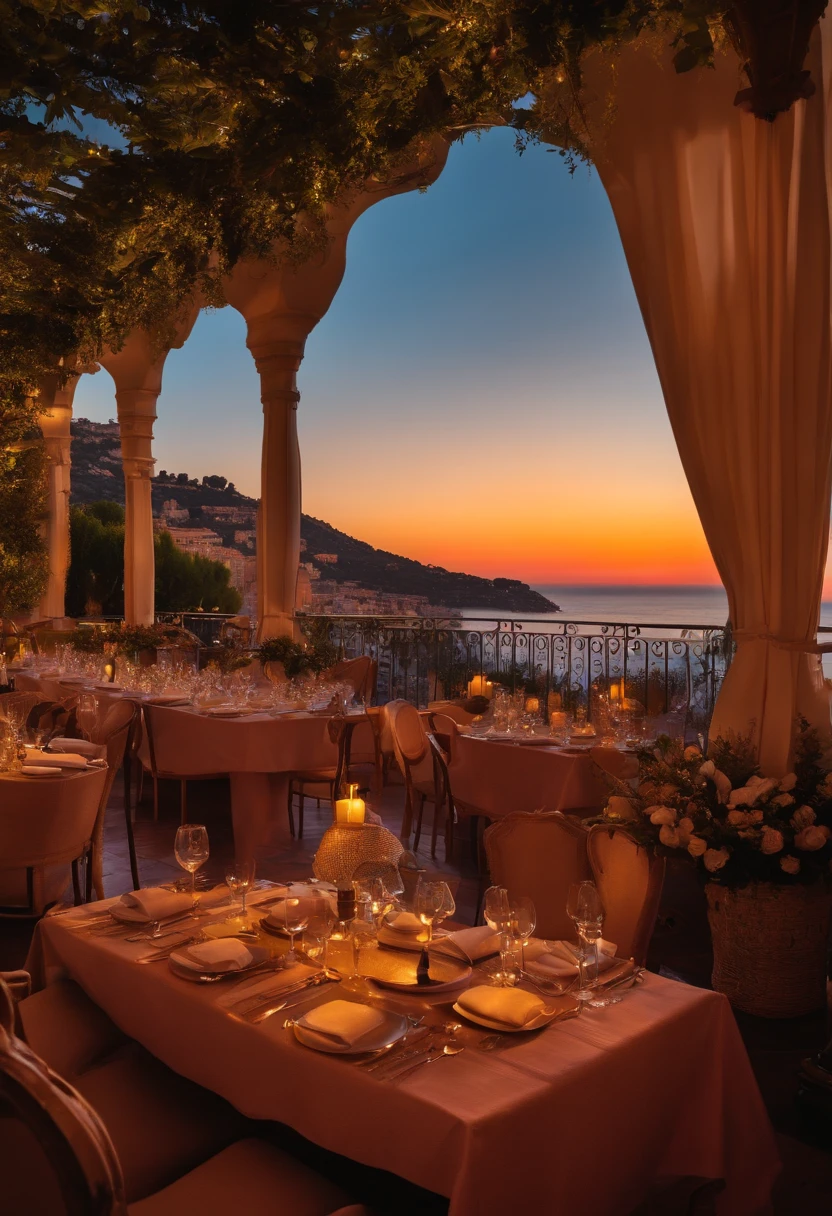Salle de reception, restaurant, French Riviera, sunset, Michelin-starred restaurant