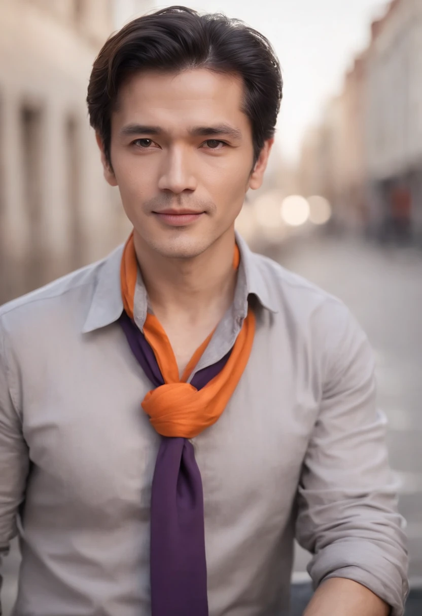 Elegant man, in his 50s, mature, dark black hair, short straight hair, hair up to neck height, orange eyes, black eye patch, gray social blouse, dark blouse underneath, purple scarf on tie, gray social pants, black social shoe, ivory colored cane, smiling discreetly, muscular man,  Scenery abandoned city, wreckage, beautiful man.