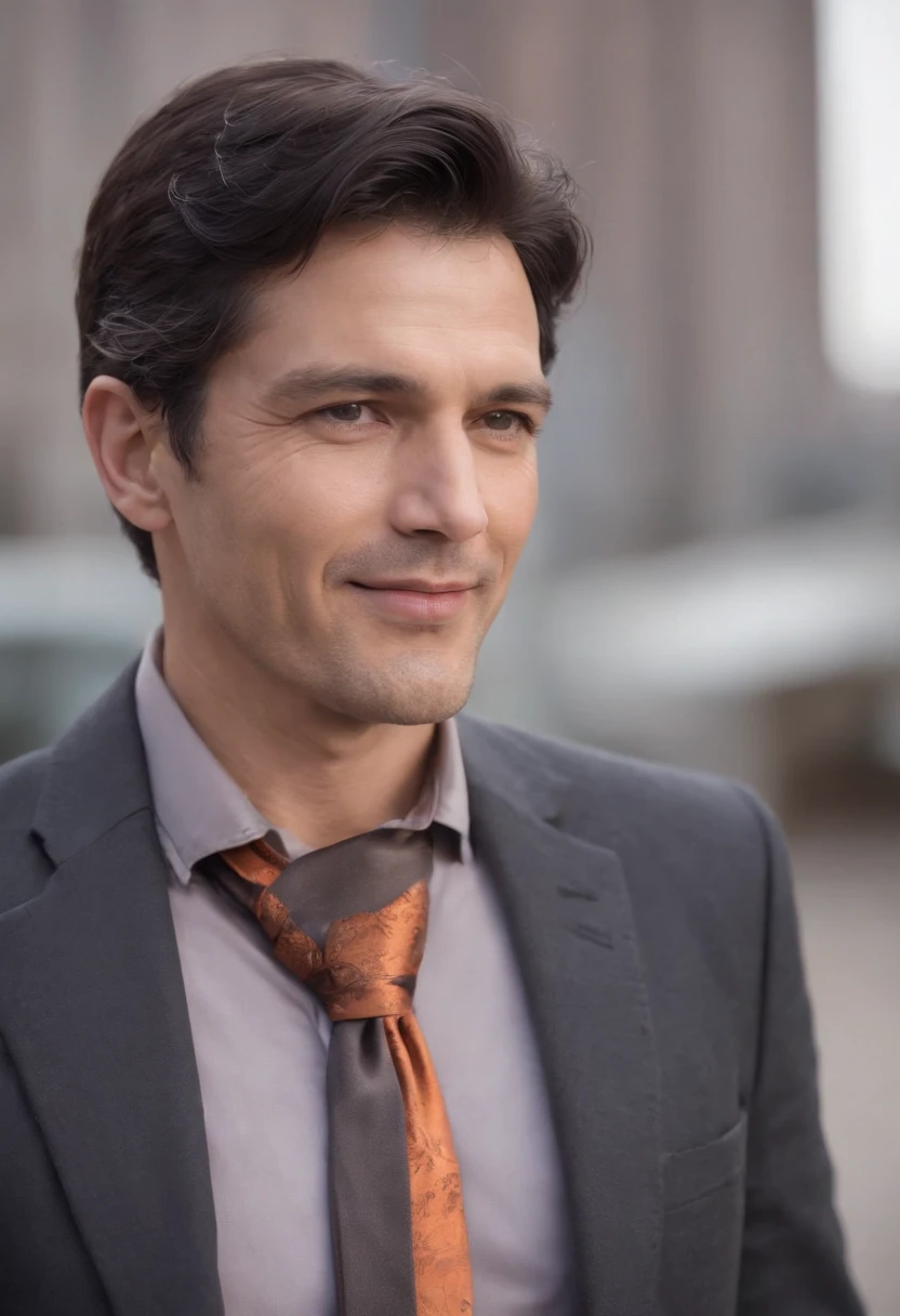 Elegant man, in his 50s, mature, dark black hair, short straight hair, hair up to neck height, orange eyes, black eye patch, gray social blouse, dark blouse underneath, purple scarf on tie, gray social pants, black social shoe, ivory colored cane, smiling discreetly, muscular man, Scenery abandoned city, wreckage, beautiful man.