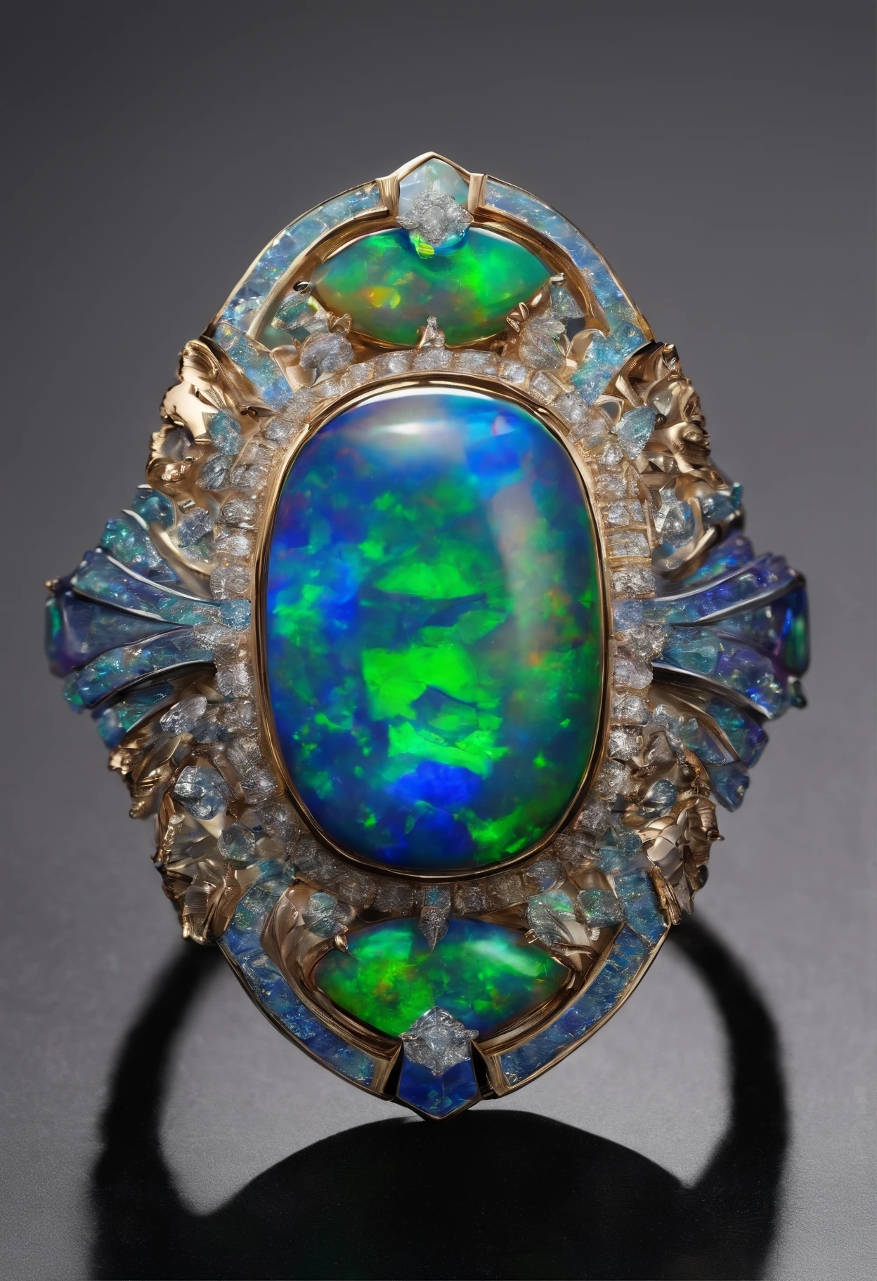 (A close-up of a blue-green stone ring), opal statues adorned in jewels,copious jewelry, jewelry iridescent, , , Black rainbow opal, jewelry engraved in scarab,