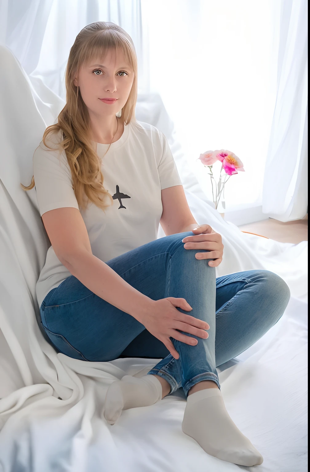 Create a beautiful background, Girl sitting on the floor, Flowers nearby, Gentle background, White Smooth Bed Sheet, in HD quality,