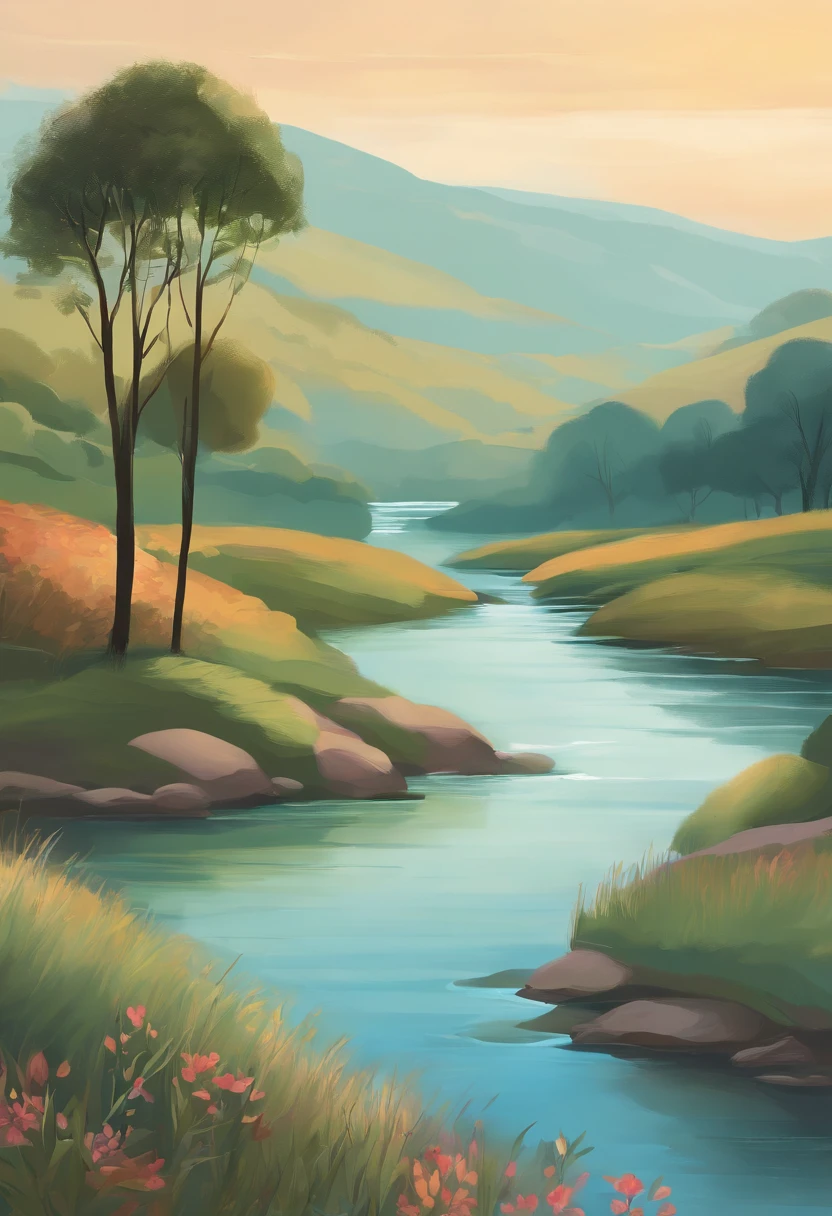 Serene book cover ""heav breathing, calm: Transform anxiety with mindfulness" The tranquil scene flows through the lush landscape, Green landscape, Under Clear, Blue sky. The river symbolizes continuity and mindfulness, And the tranquil environment evokes a sense of calm and inner peace. The title and author's name blend elegantly into the natural scenery,serenidade, Pastel colors and pastels, Flow fonts. The overall style is a work of art, Digital painting with soothing pastel tones and subtle textures, --AR 16:9 --V 5.