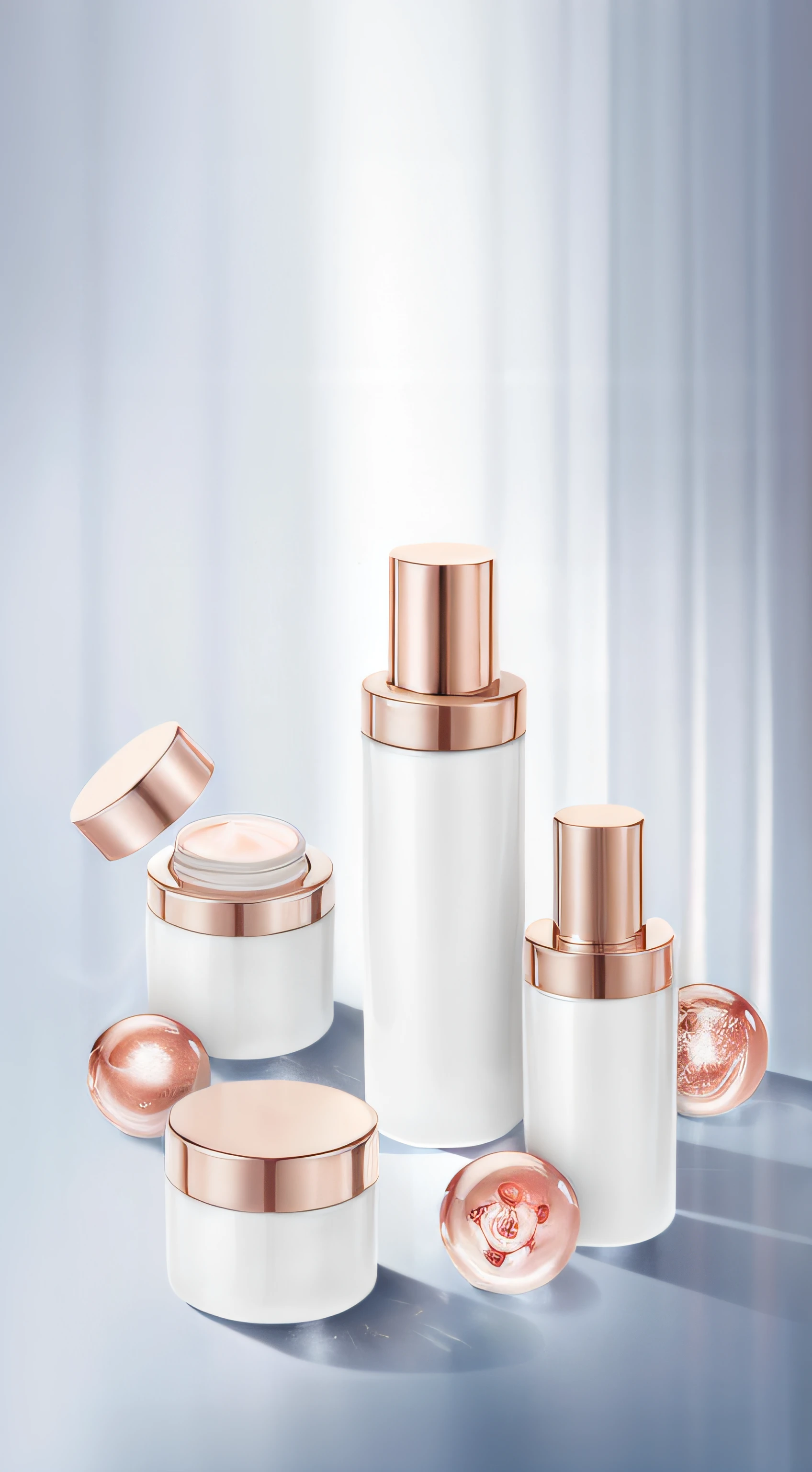 Close-up of a set of cosmetic containers on the table, exquisitedetails, SleekDesign, Skincare, Glossy design, high quality topical render, gleaming white, pristine and clean design, cosmetics, skin care, Elegant and graceful, clean and pristine design, pearlescent white, slick elegant design, exquisite fine details, Glossy surface, dramatic product lighting