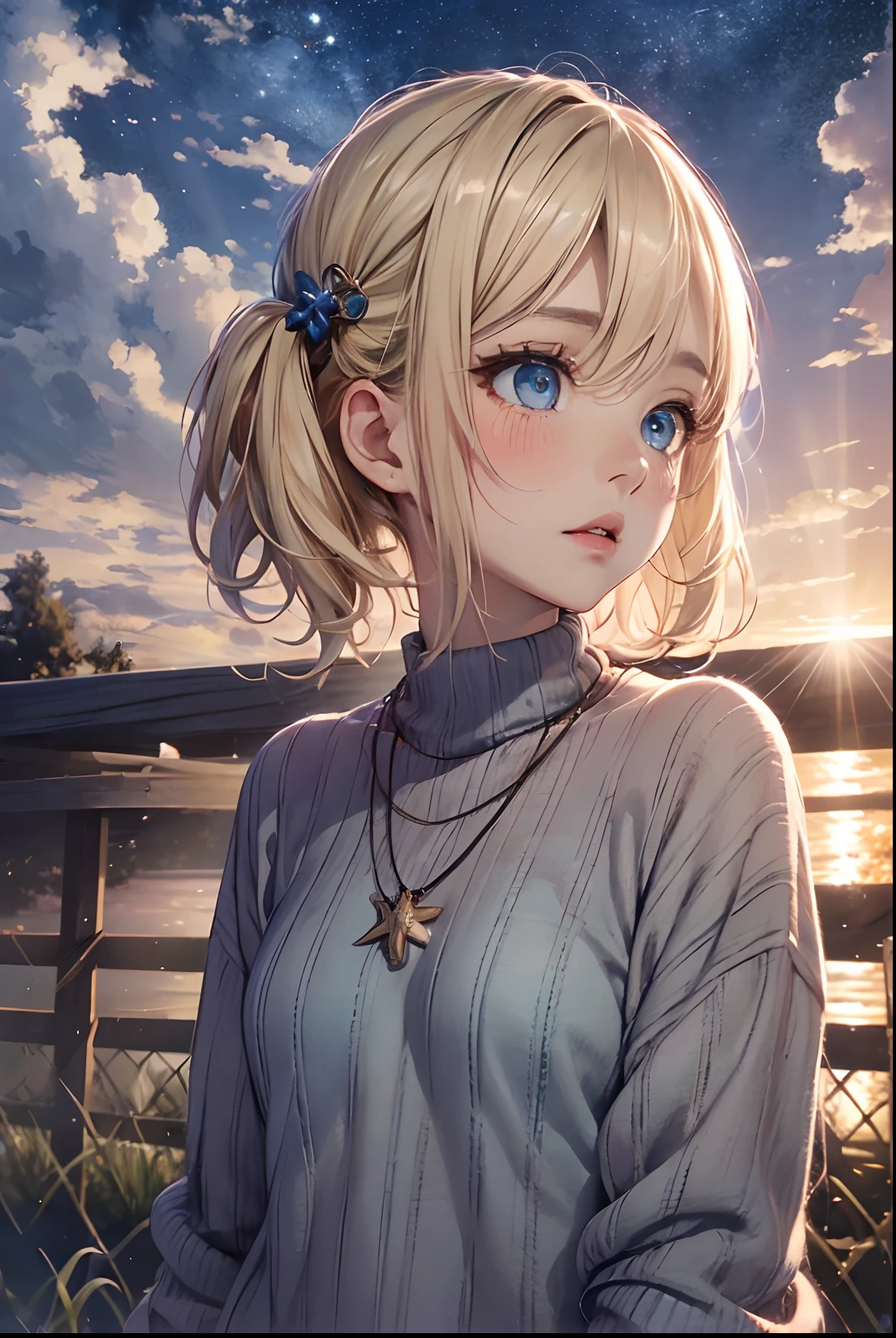 absurderes,bright colour,concept-art, 8K,Short hair,Blonde hair with short twin tails, Shiny hair, Delicate beautiful face, red blush、(Deep Blue Eyes:1.3), hair clips, a necklace, (Light plaid sweater:1.2), Beautiful cloud, (Dusk sky),(Cowboy Shot:1.3)