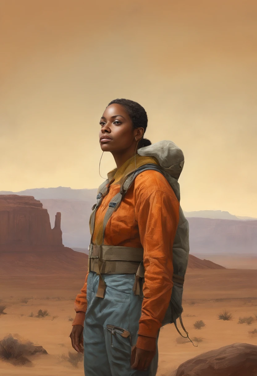 girl in desert, action sport clothes, casual pose, full body portrait, functional clothes, her clothes are equipped with hanging straps, straps like for parachuting, body portrait, standing, small tits, detailmaster2,photo r3al, ,detailmaster2,photo r3al, Orange Jacket, Dark shoulder length hair, loose shorts, Meishu-Sama, johrei, luz divina, diante de um orisonte lindo, com o sol se pondo, with one hand forward, in connection with the divine, foto retrato, Directed by: Drew Tucker, Directed by: Adam Marczyński, Directed by: Alexandre Kucharsky, Directed by: Gavin Nolan, Surrealismo 8K, Directed by: Jason Felix, Yuri Shwedoff e Tom Bagshaw, arte ilustrativa, Estilo Erik Johansson