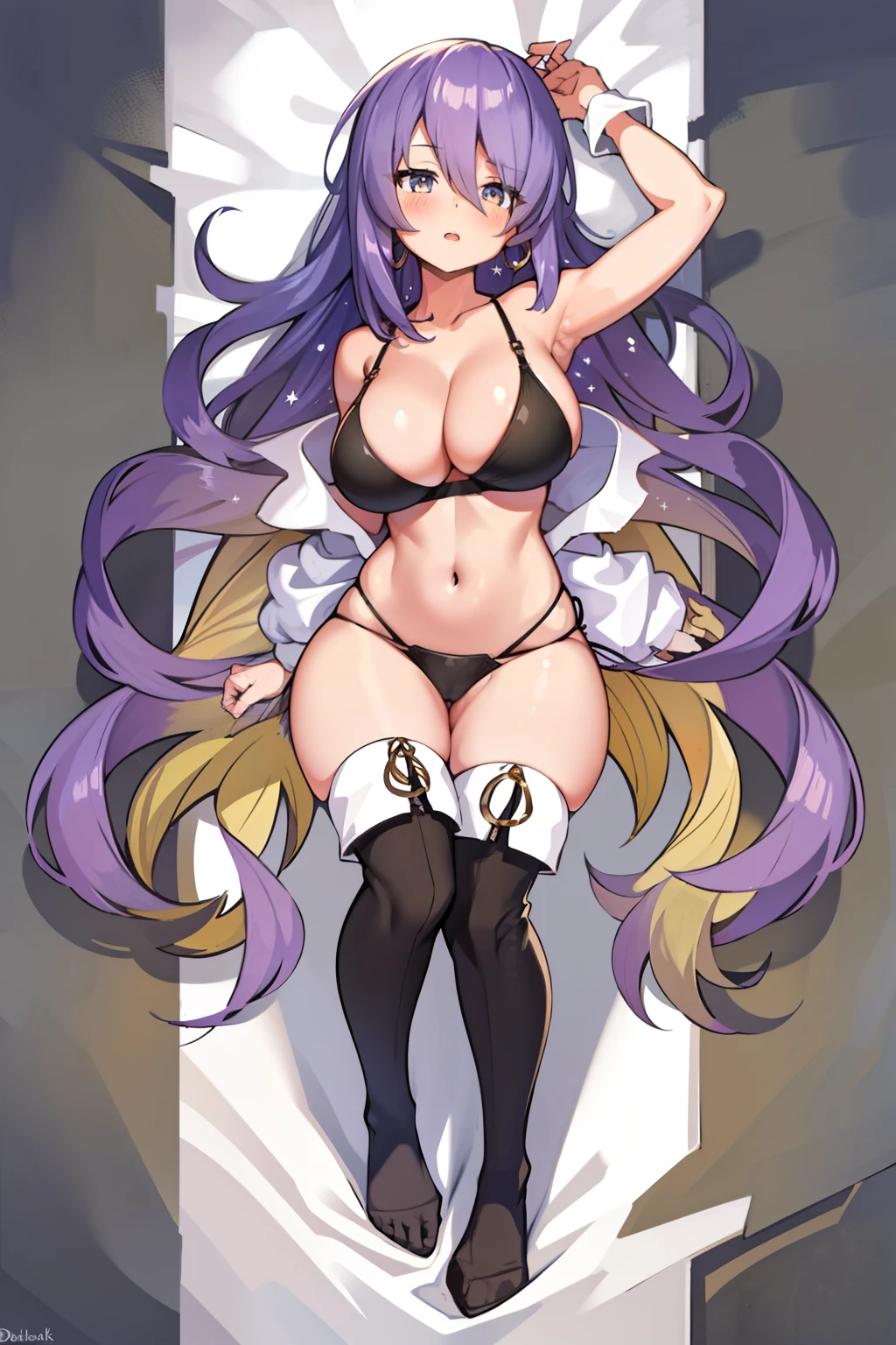 1girl, huge breasts, cleavage, huge ass,light-purple hair,long hair,lying down on bed,dakimakura,fullbody view,black sport bra,showing body from top to bottom