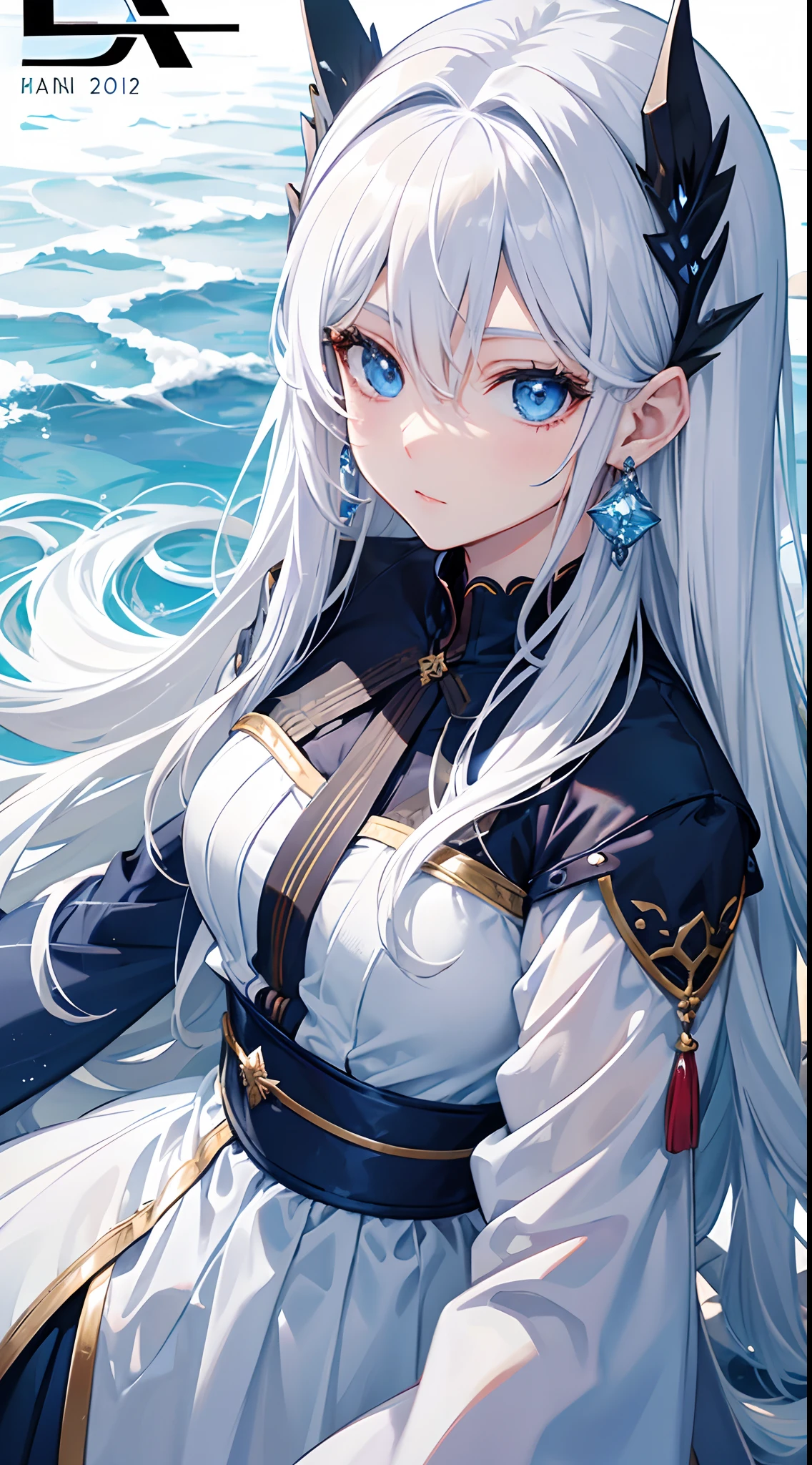 Cover magazine, anime, woman, solo, long hair, white hair, blue eyes, model, beautiful, fantasy, ice. Casual clothes. Hair accessories. Unusual hairstyles. Earrings.