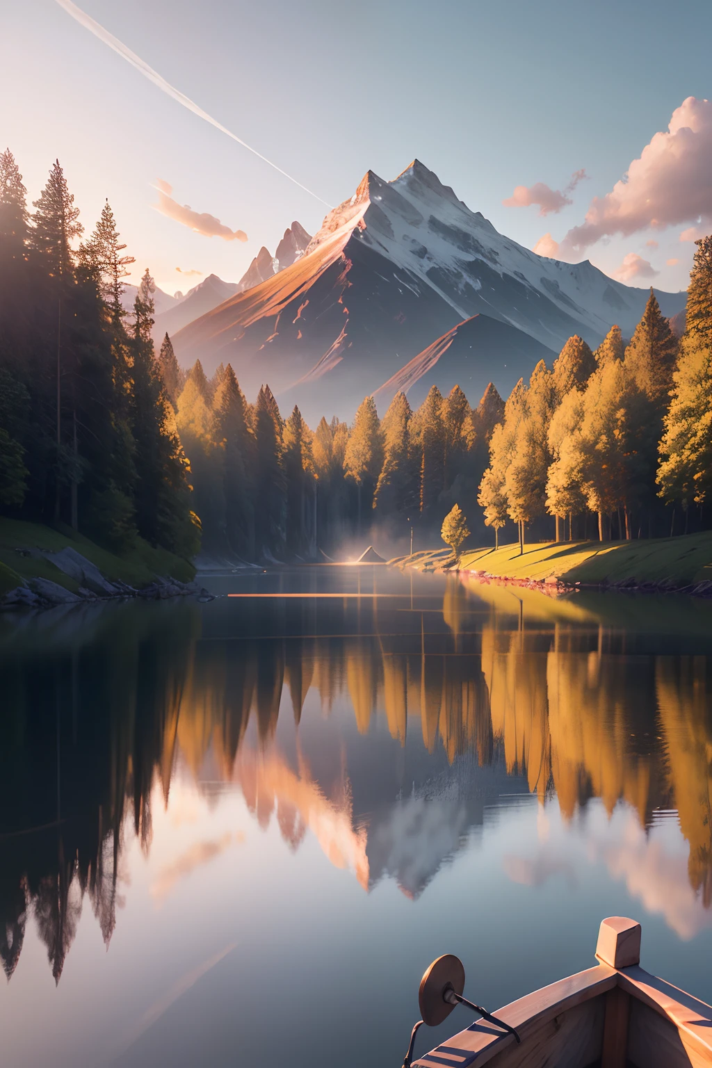 Highly detailed landscape, the most beautiful sunrise, view from a boat, clear photography, photorealistic, soft pastel colours, highly detailed, intricate, path tracing, illustration, insanely detailed, shadow mapping volumetric light, specular lighting