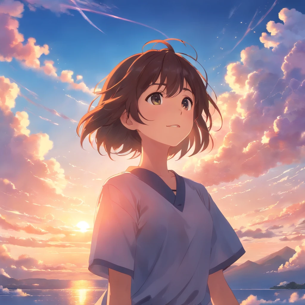 masterpiece, best quality, movie still, 1girl, cloud girl, floating in the sky, close-up, bright, happy, warm soft lighting, sunset, (sparks:0.7)