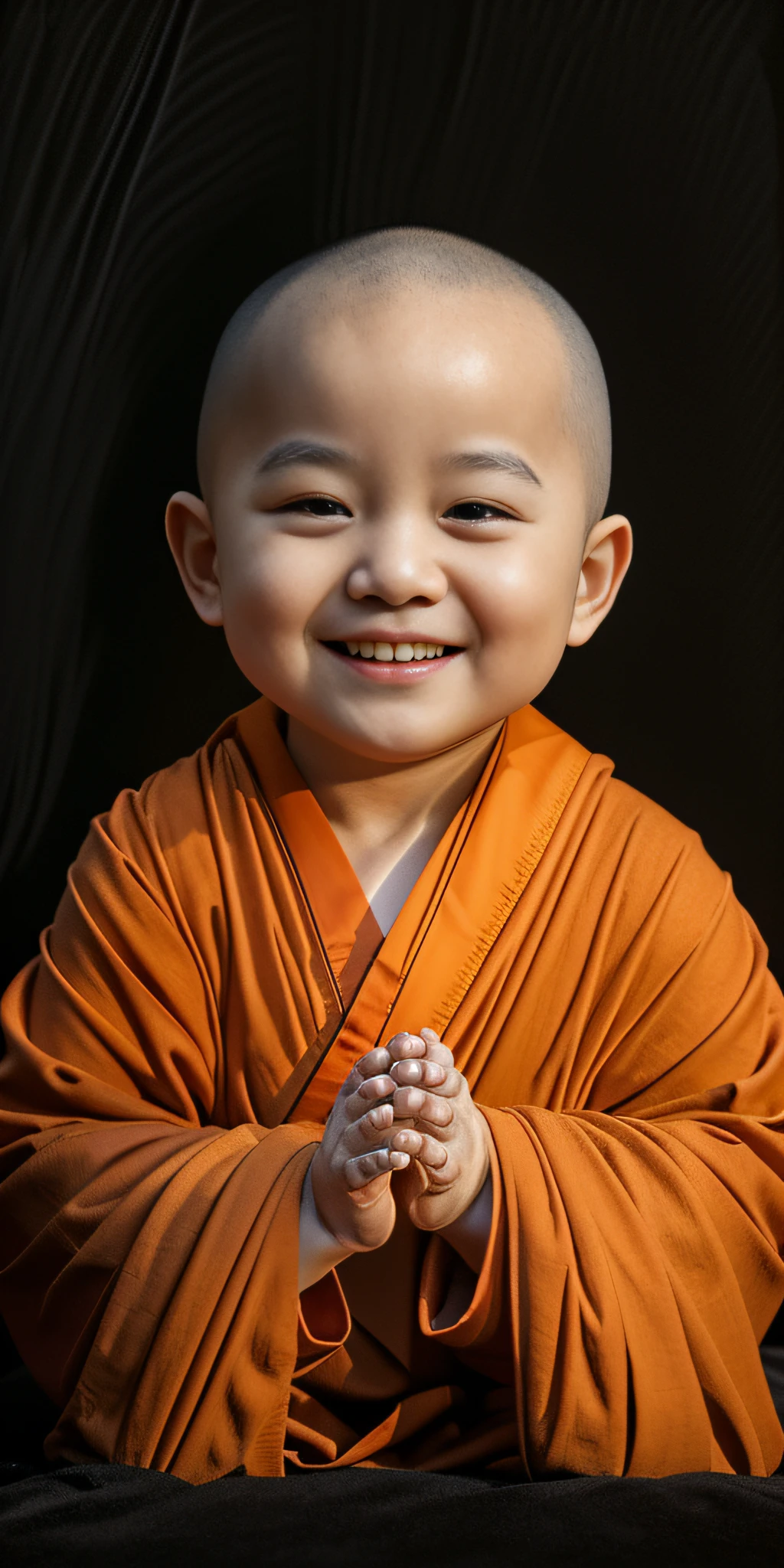 A young monk dressed in a monk's robe，had his hands folded，sit with legs crossed，Smile at the camera，with black background