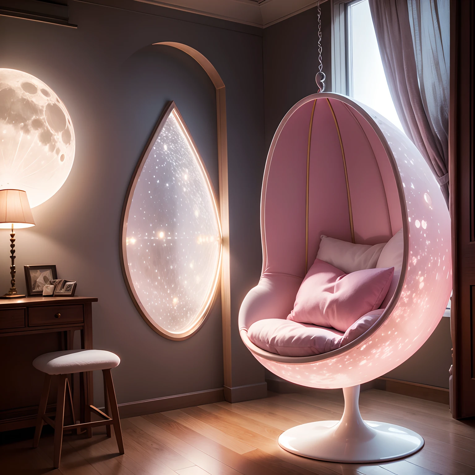 High ceiling Pink Lights Pearl ornament Moon table The moon seen from the window Cute chair