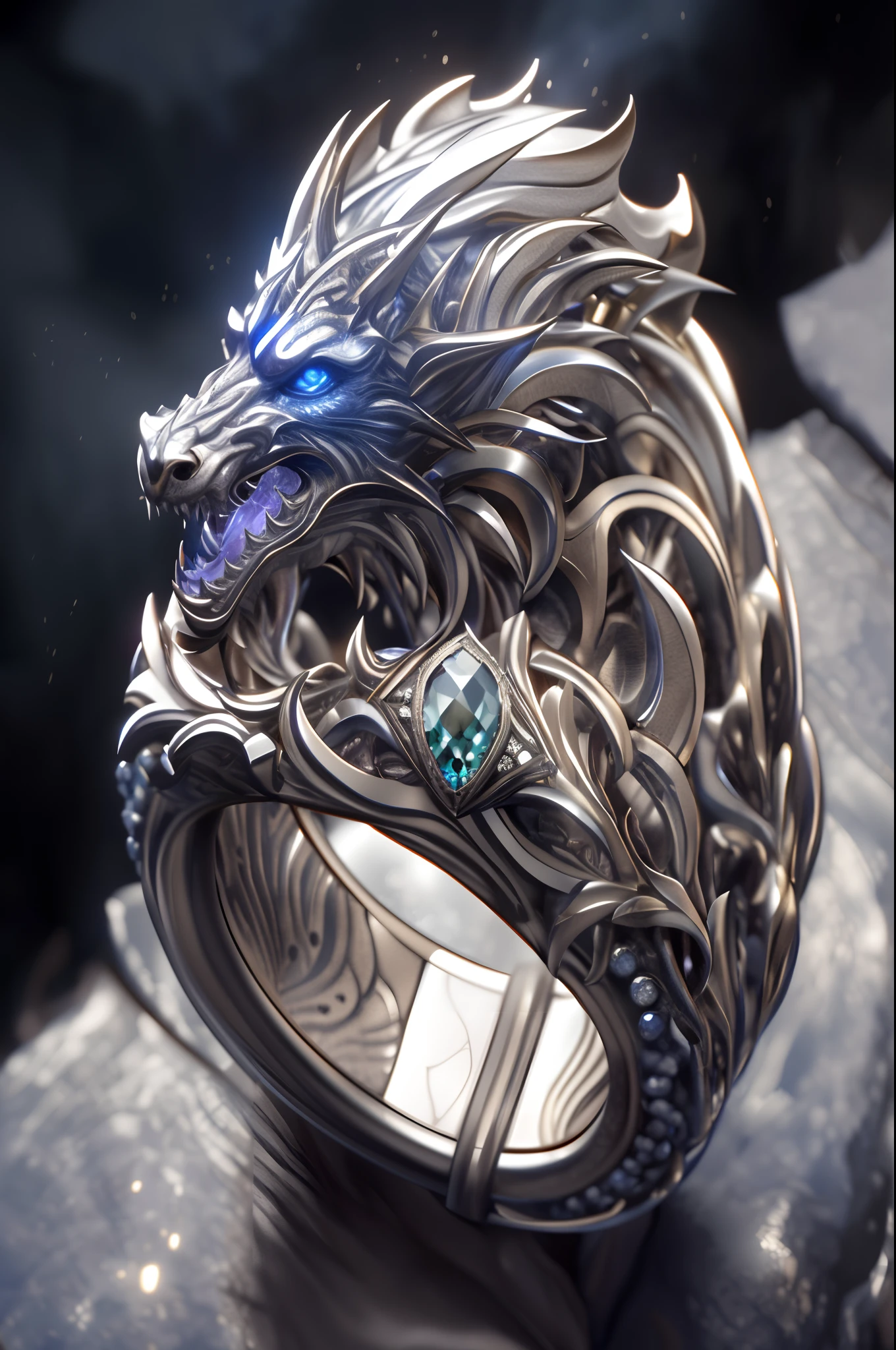 Inside there is a dragon head and a ring in blue stone, high detal), high detailed art, detailed jewelry, high detal, rendered in keyshot, a jewellery design, highly detailed fantasy art, 8K high quality detailed art, Highly detailed and realistic, highly detailed realistic, detailed fantasy art, highly detailed cgsociety, detailed jewellery, highly detailed creature