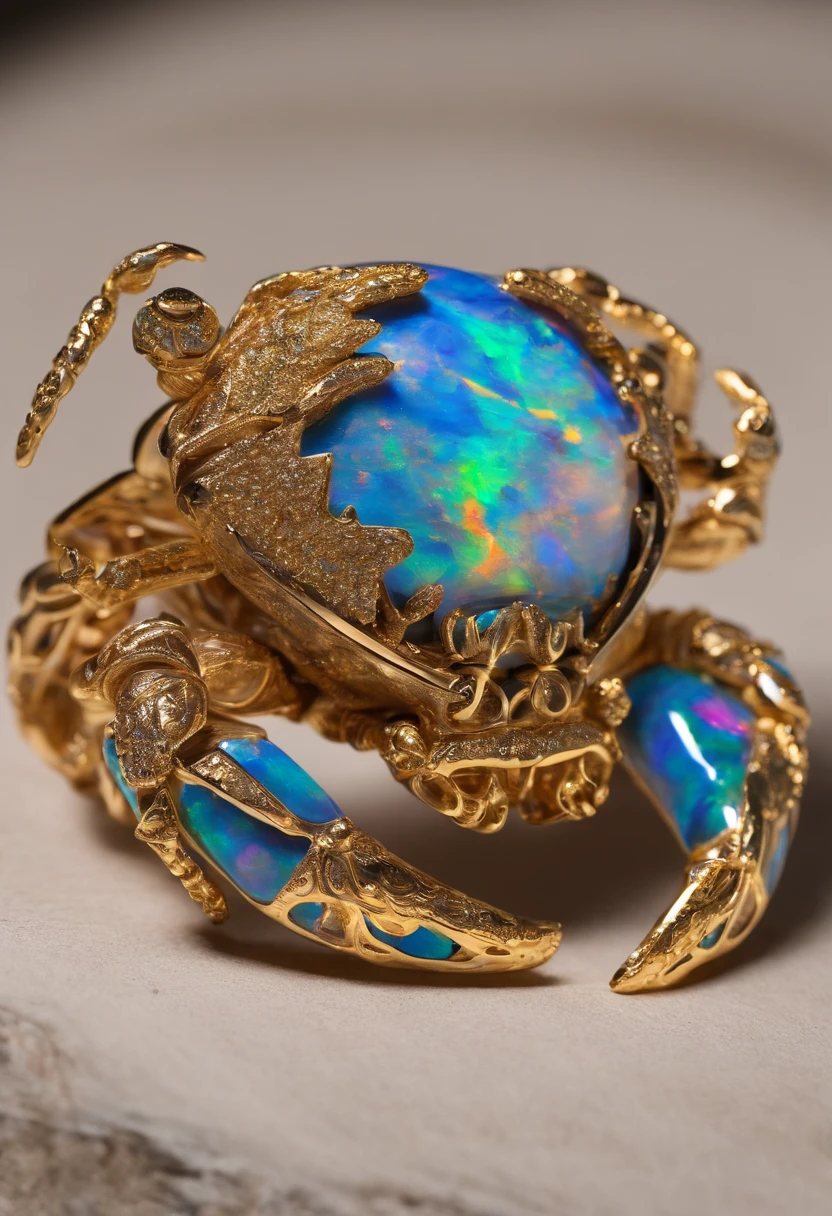 (Close-up of a Boulder Opal ring of a small crab), opal statues adorned in jewels,copious jewelry, jewelry iridescent, ,Golden wire