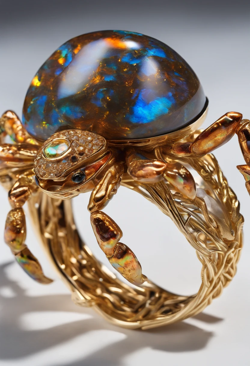 (Close-up of a Boulder Opal ring of a small crab), opal statues adorned in jewels,copious jewelry, jewelry iridescent, ,Golden wire