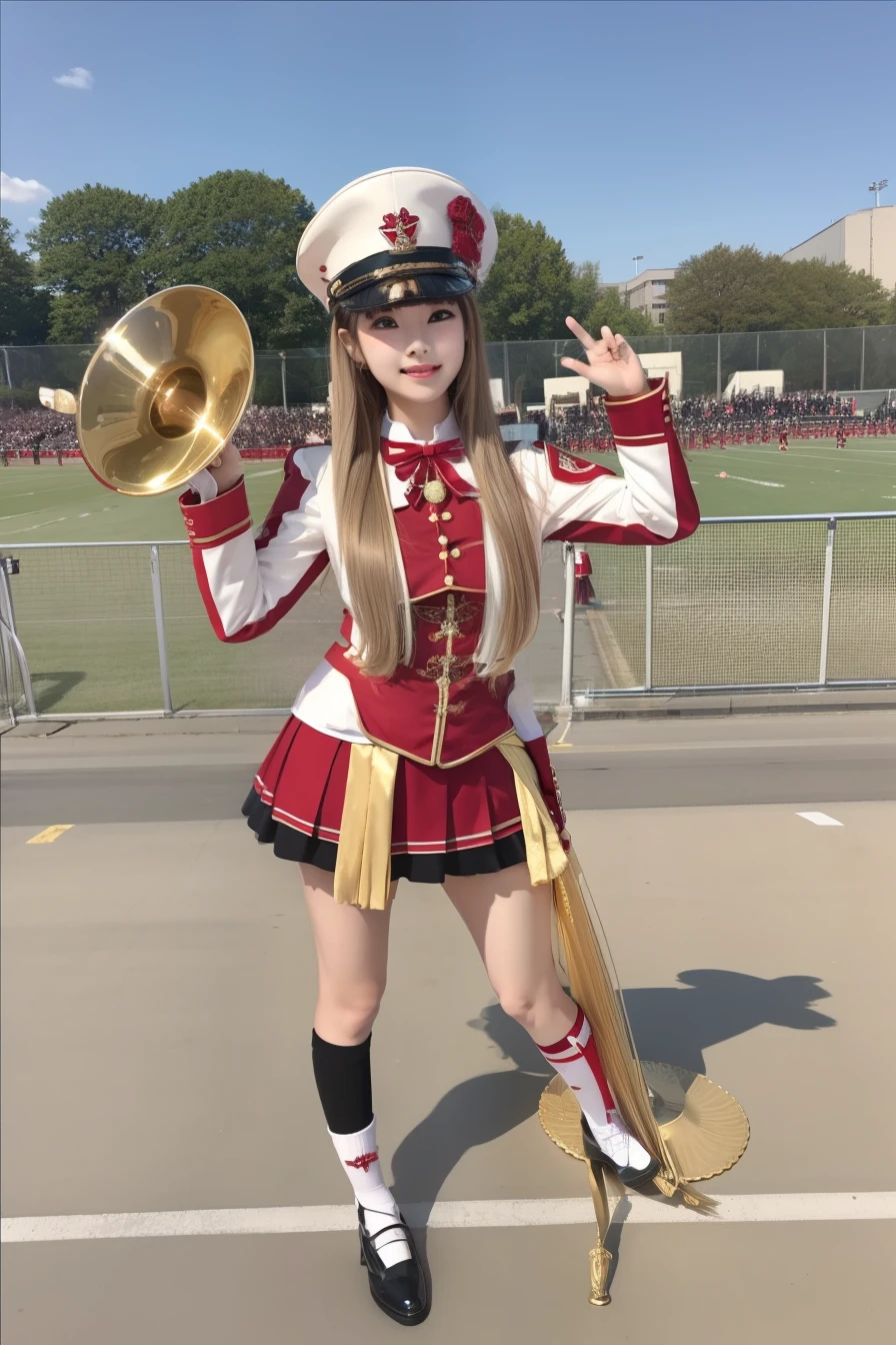 Idols in marching band fashion、Good Style、Blonde semi-long、Shiny Red Fashion（Gold decoration）、、Idol face、large full breasts、Marching Band Hat、a miniskirt、knee sox、