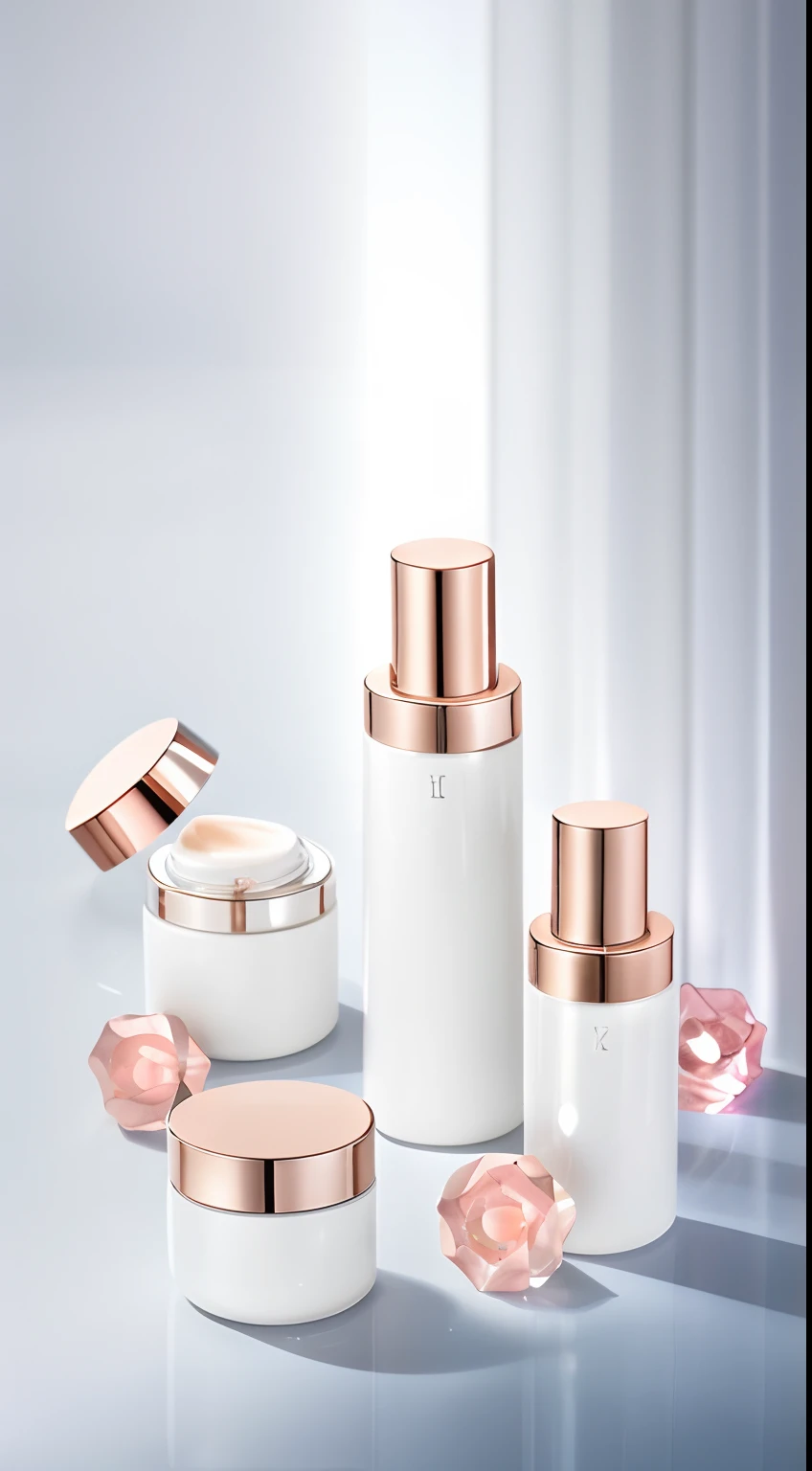 Close-up of a set of cosmetic containers on the table, exquisitedetails, SleekDesign, Skincare, Glossy design, high quality topical render, gleaming white, pristine and clean design, cosmetics, skin care, Elegant and graceful, pearlescent white, clean and pristine design, slick elegant design, exquisite fine details, Glossy surface, dramatic product lighting