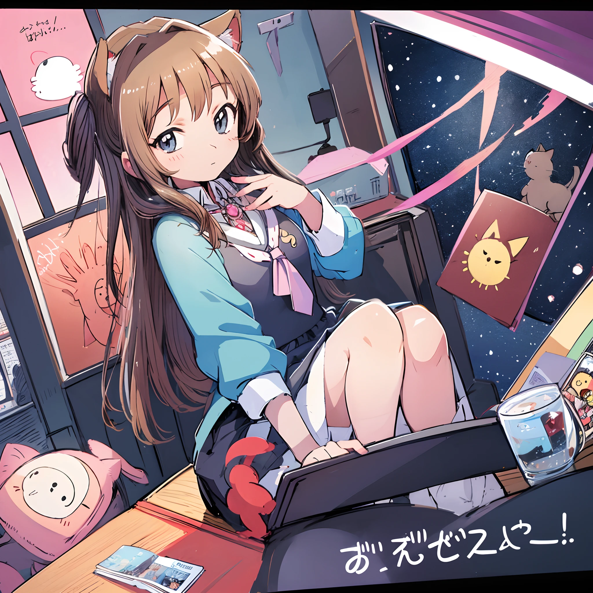 Cat-eared anime girl sitting at computer desk，There is a cat on his head, cute anime catgirl, anime girl with cat ears, beautiful anime catgirl, anime catgirl, Cute anime girl, Very beautiful anime cat girl, very beautiful cute catgirl, Cute anime style, style of anime4 K, lovely art style, Cute anime, Splash art anime Loli